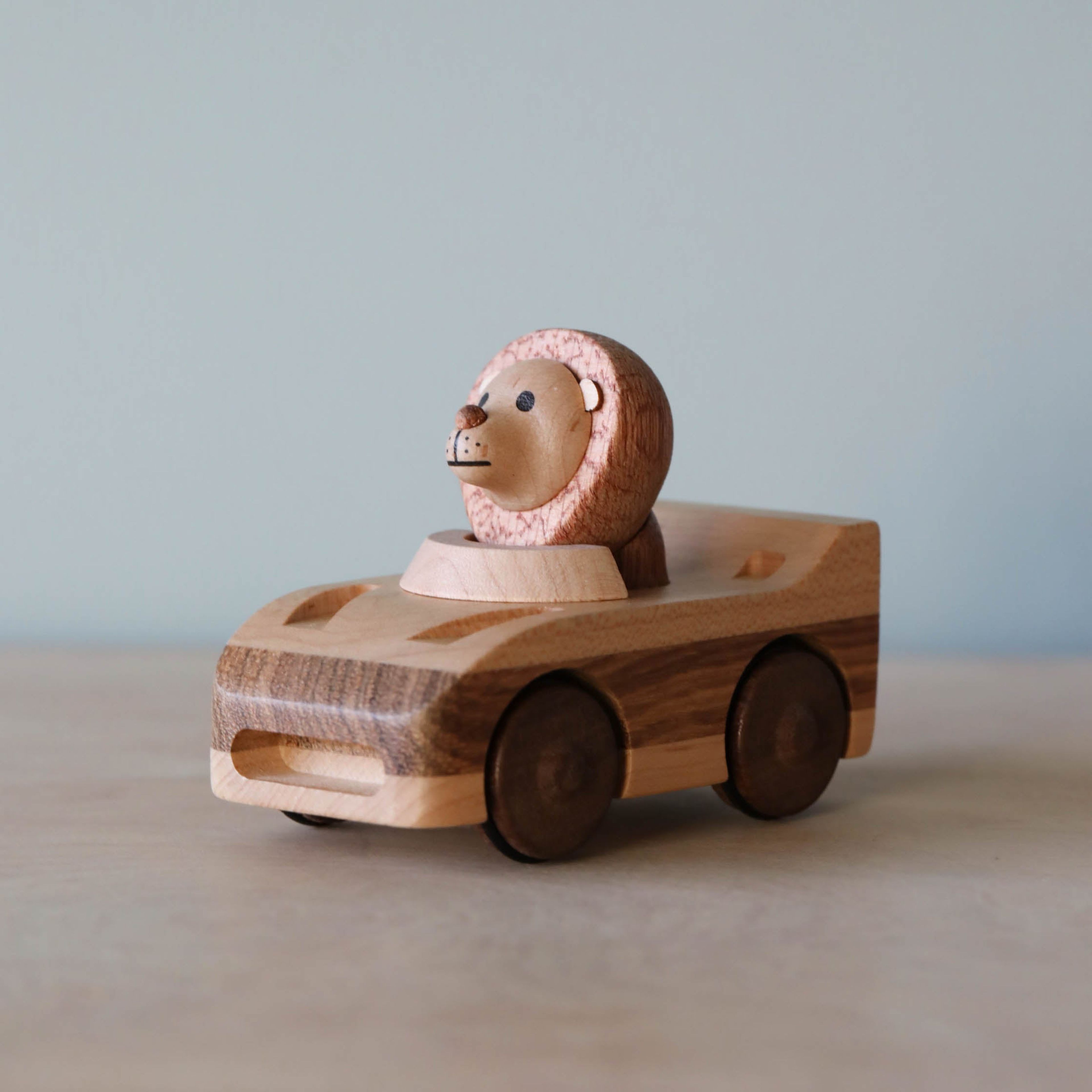Wooden Animal Pull-Back Car