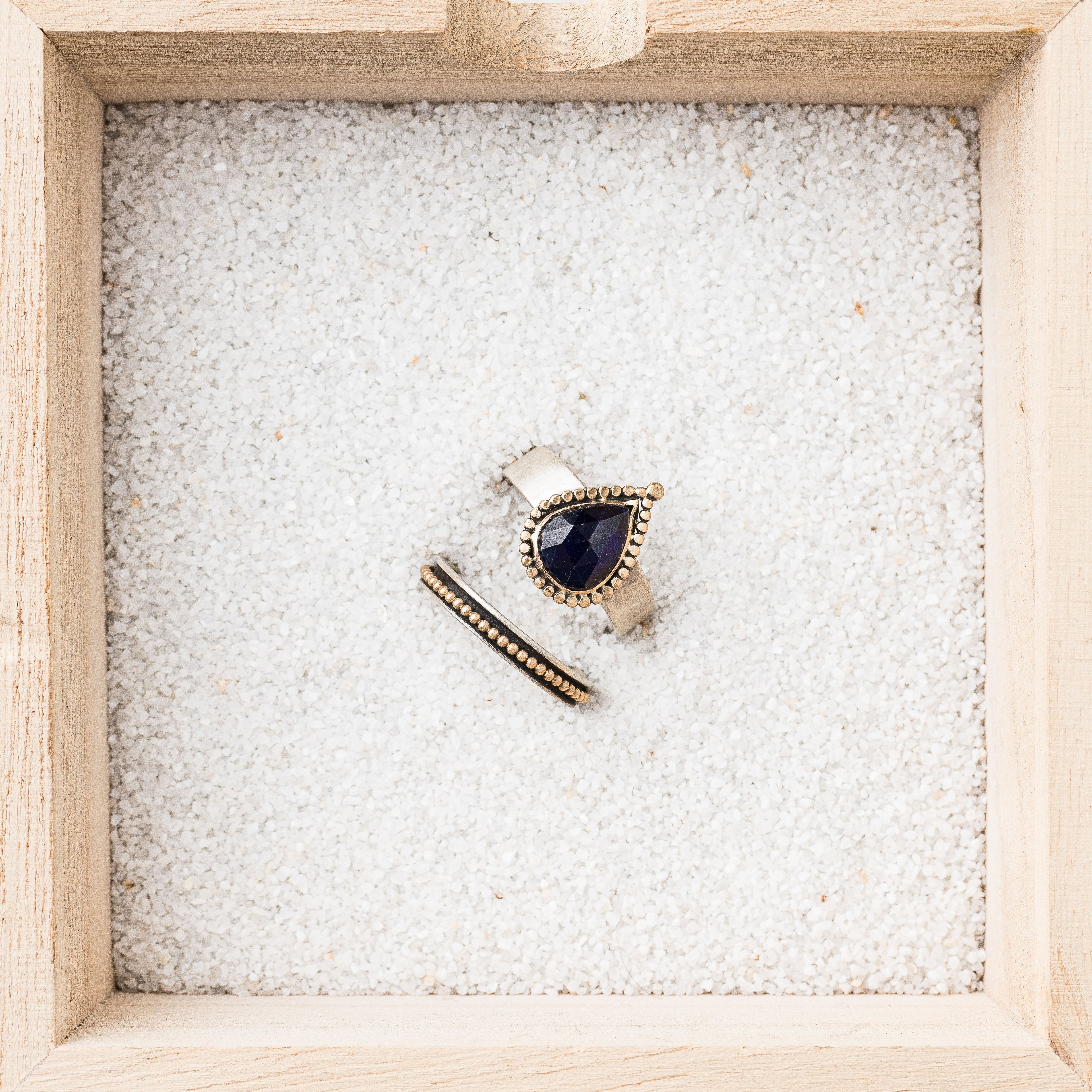 Blue Sapphire Ring with 14k Gold Detail and Bead Spinner Band, Set of 2