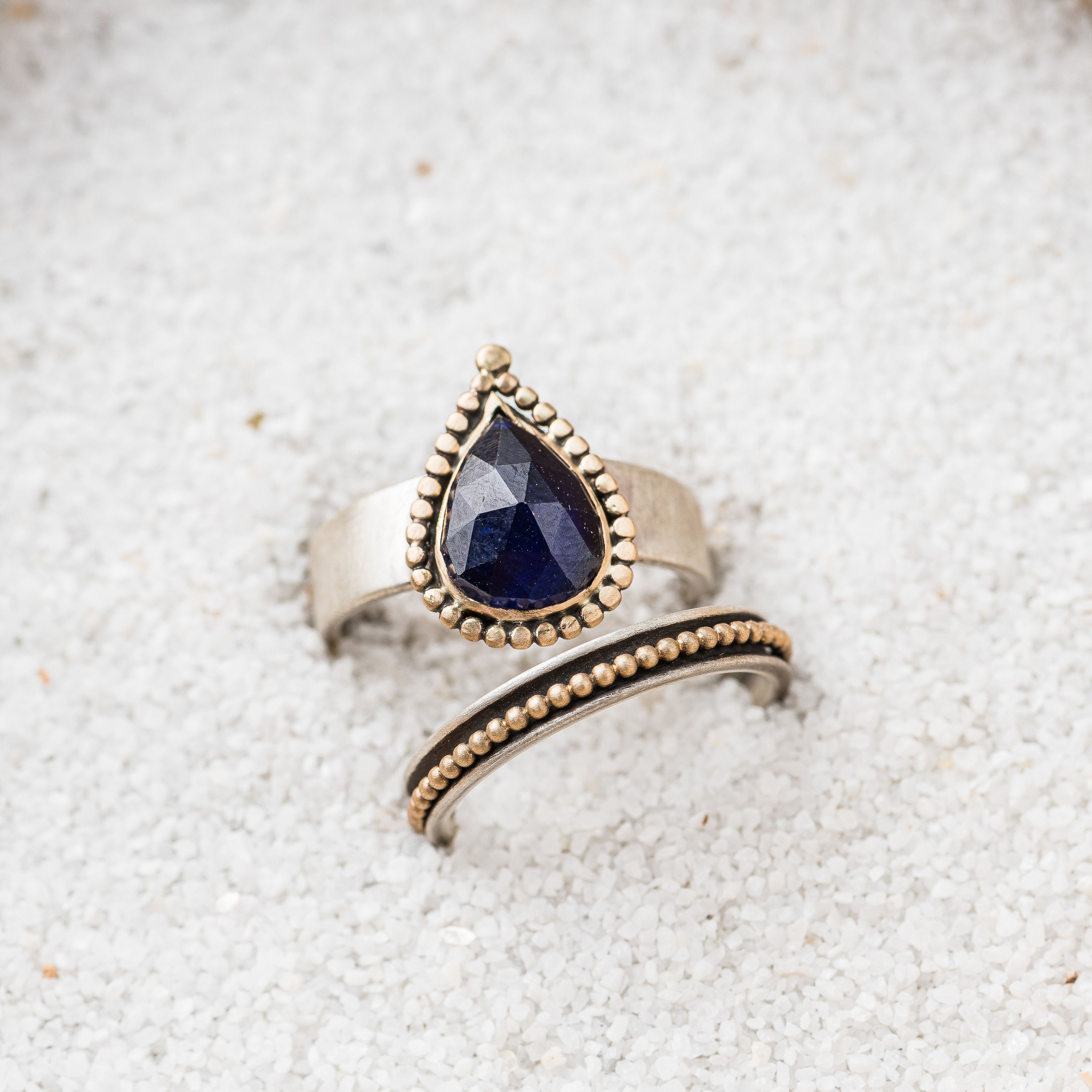 Blue Sapphire Ring with 14k Gold Detail and Bead Spinner Band, Set of 2