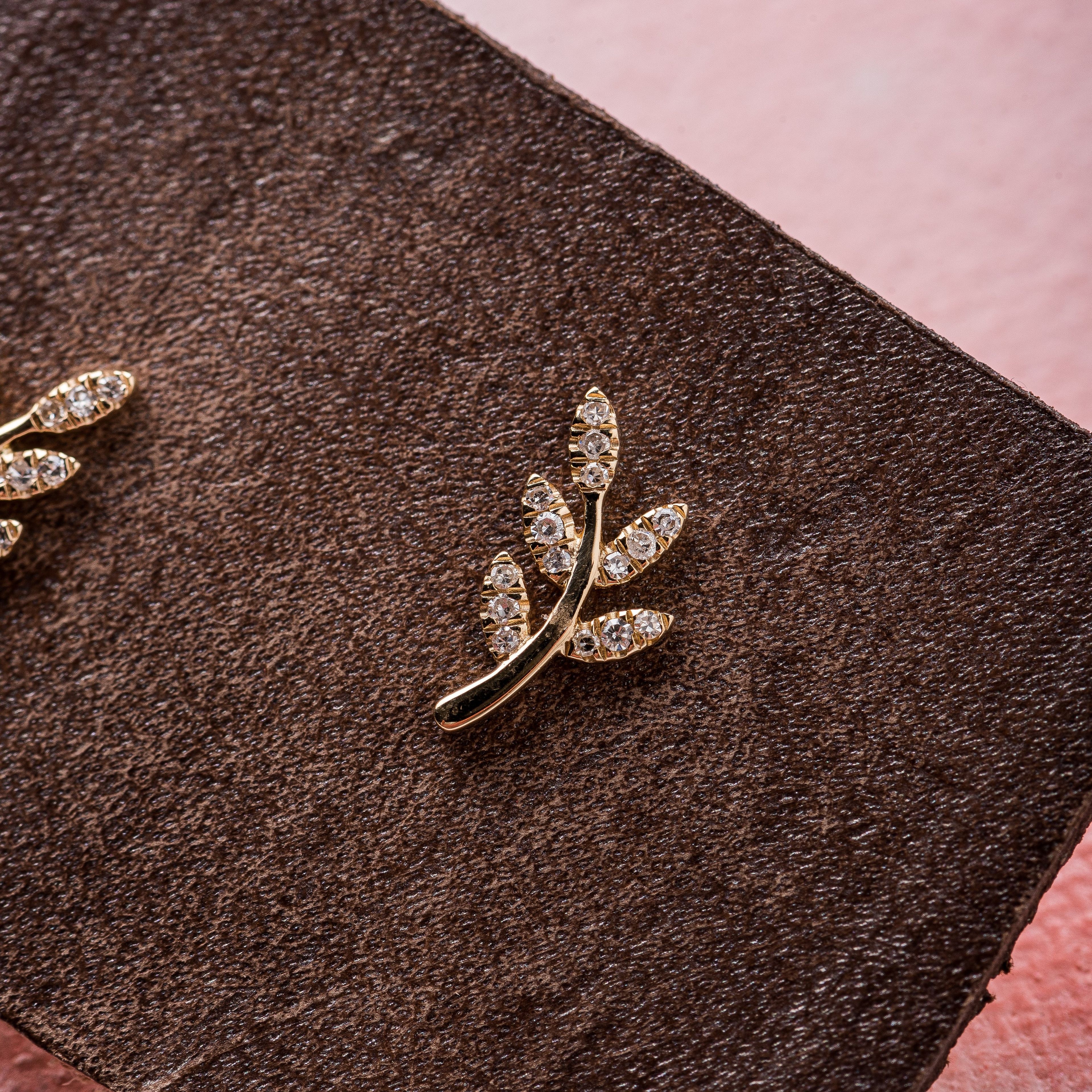 Diamond Leaf Studs in 14k Gold - Yellow Gold