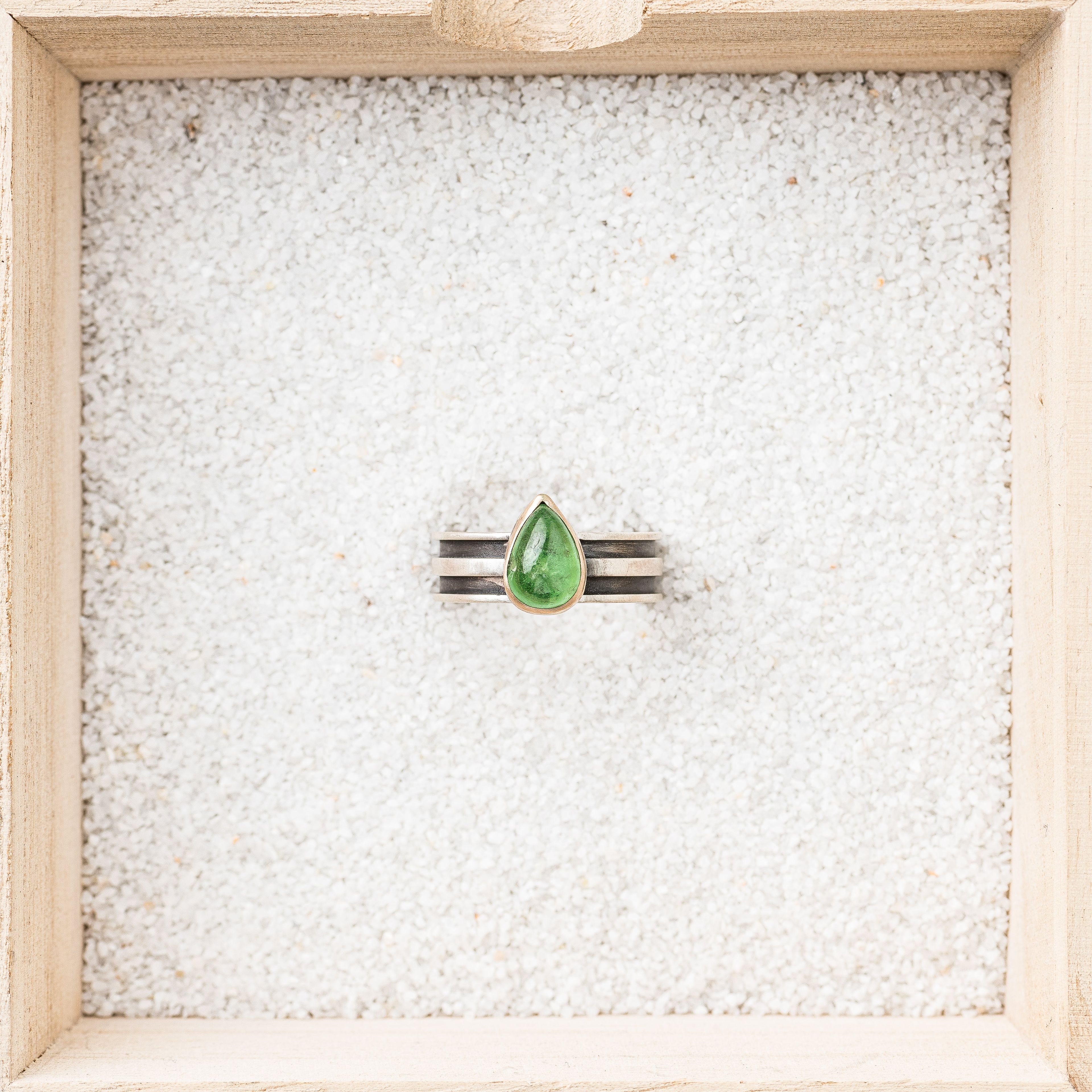 Green Tourmaline Pear Ring with 14k Gold Bezel on Striped Band