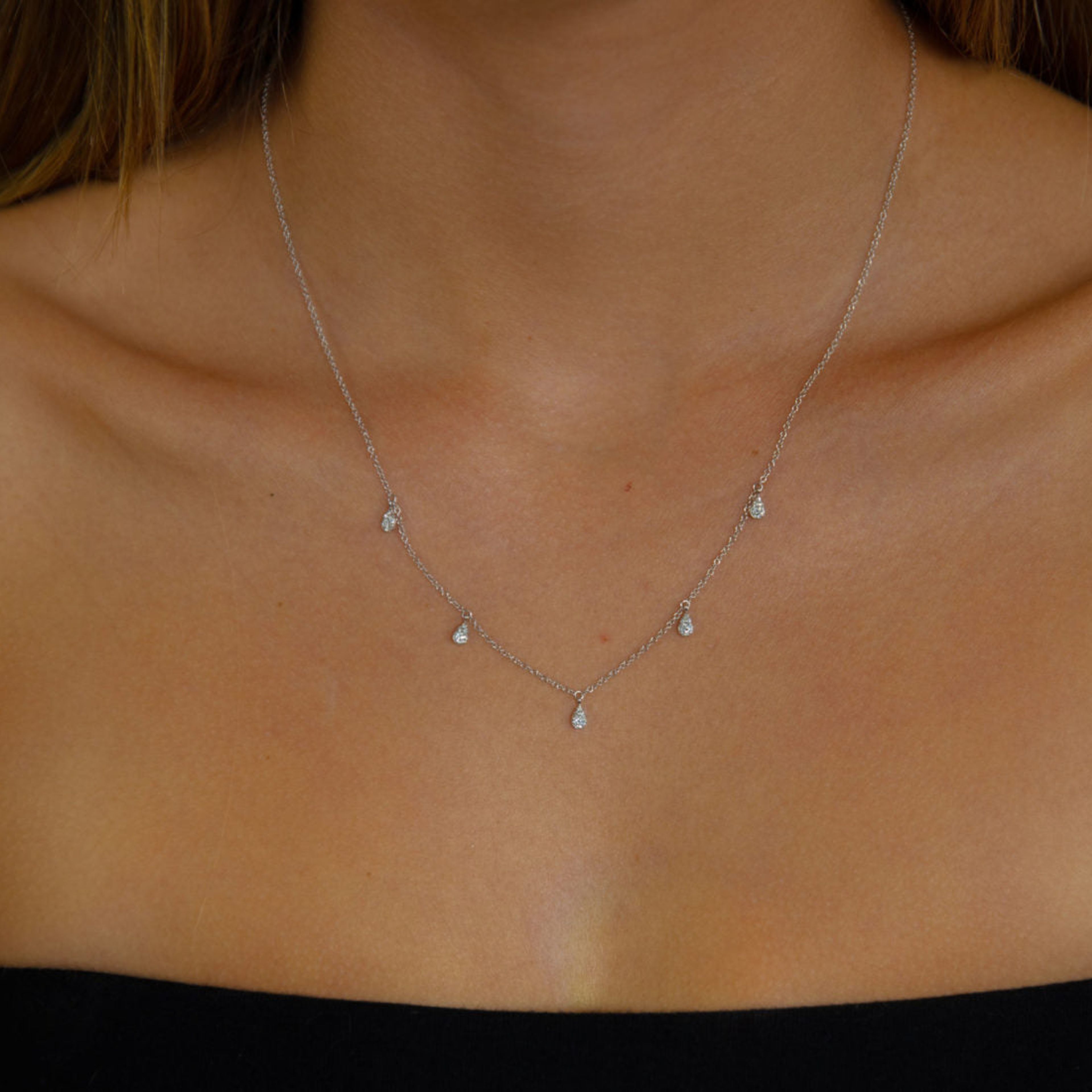 Five Diamond Floating Pear Necklace