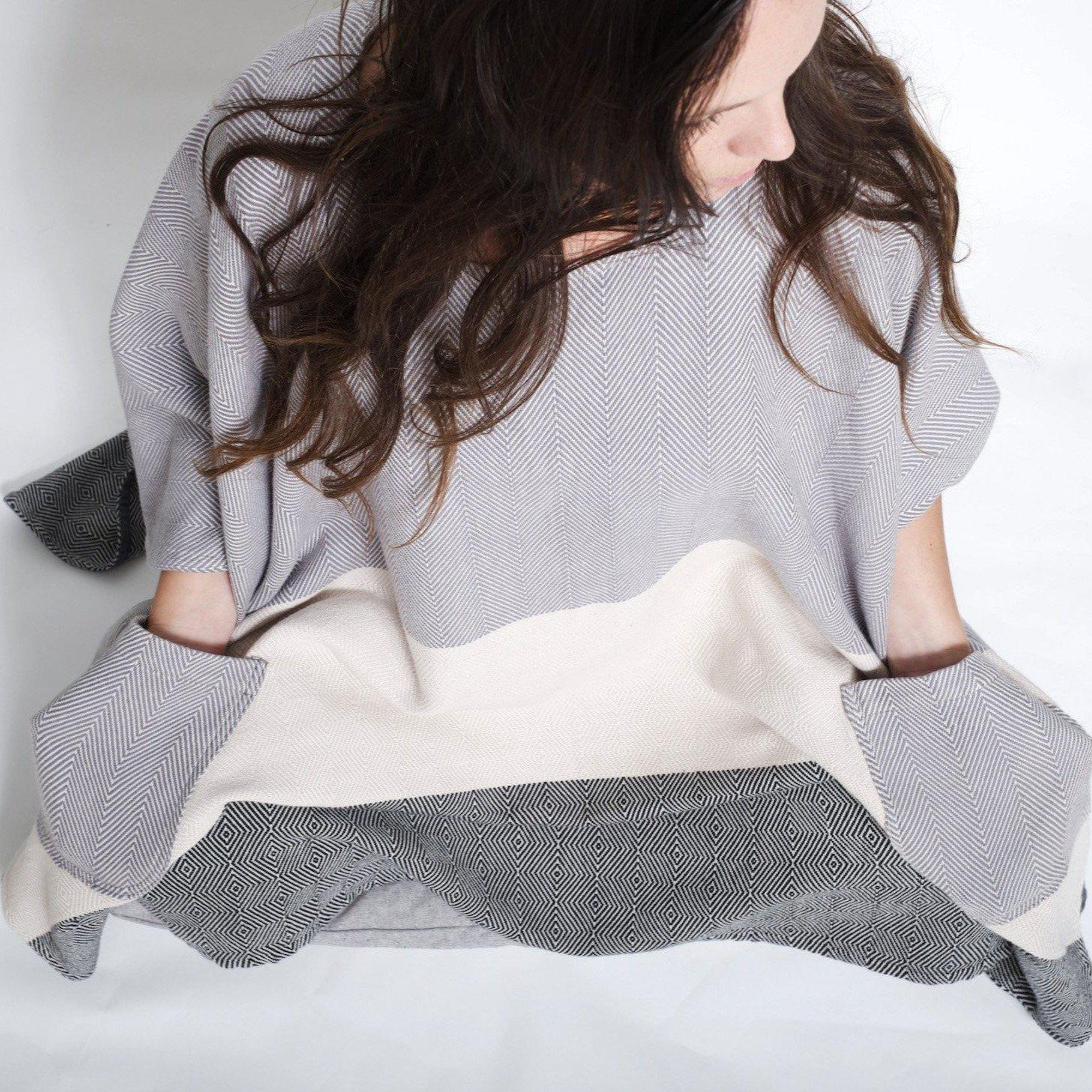 *SALE* Meditation Blanket / Shawl - Grey Cream Charcoal Stripe