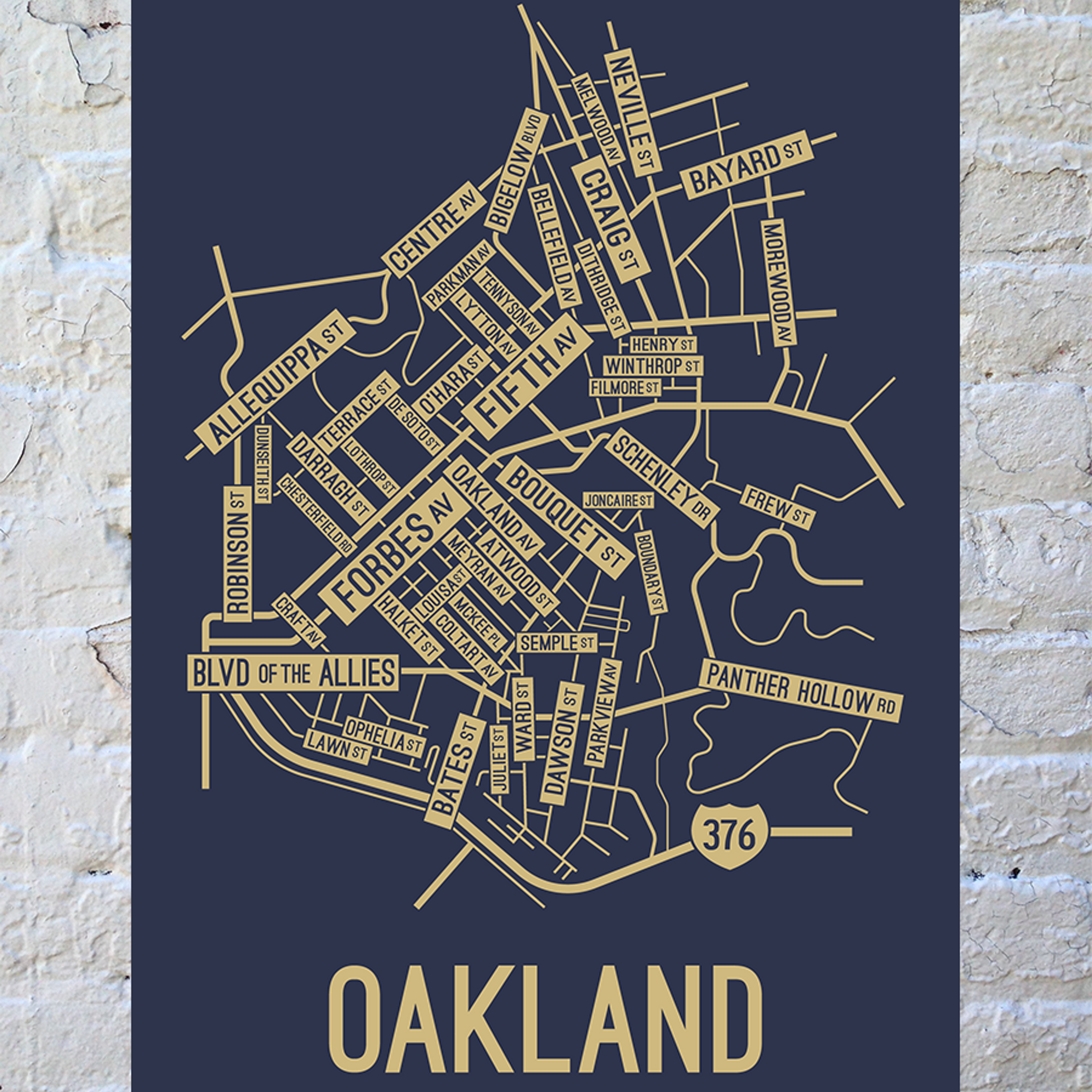 Oakland, Pittsburgh Street Map Screen Print