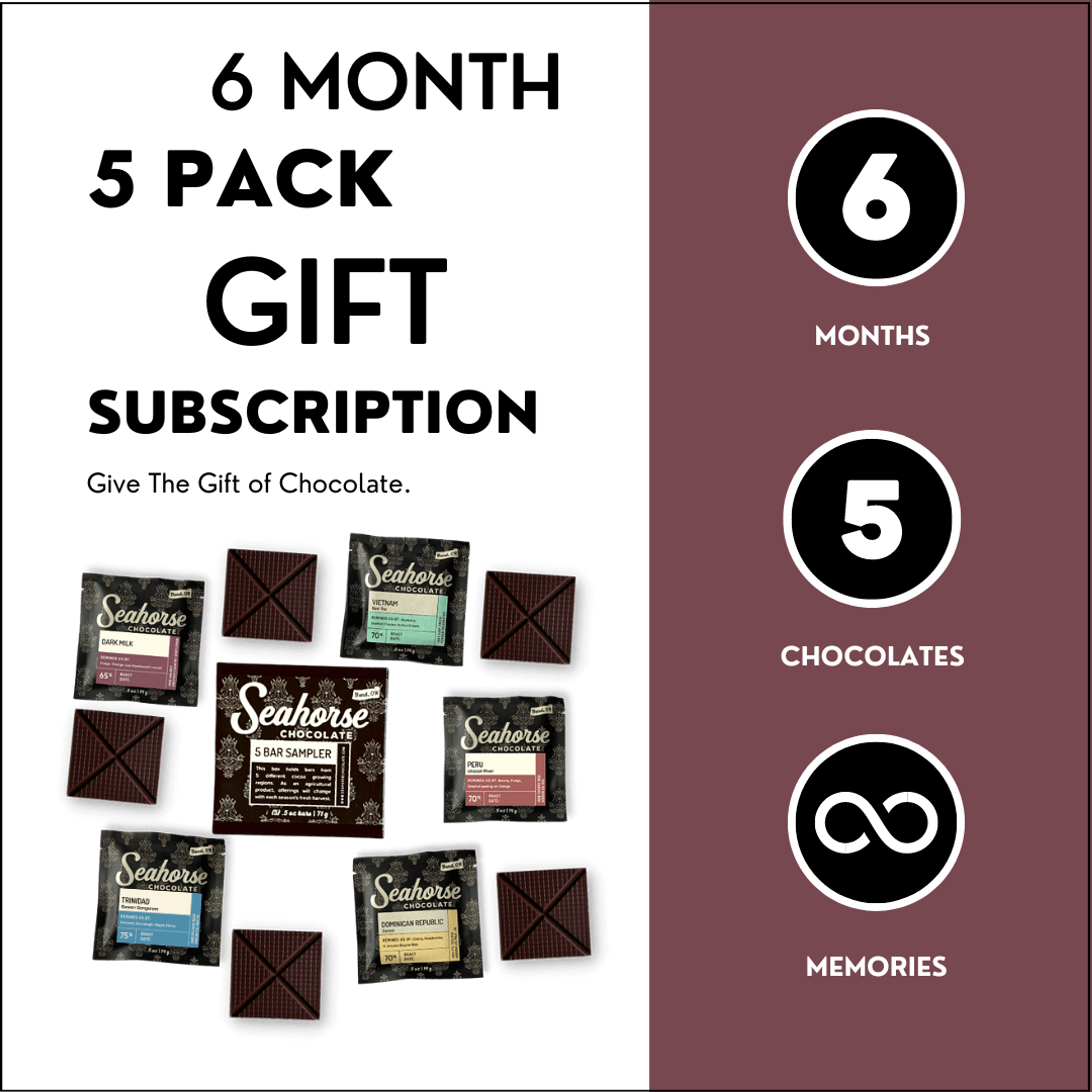 Six Month 5 Pack Chocolate Sampler Tasting Gift Subscription