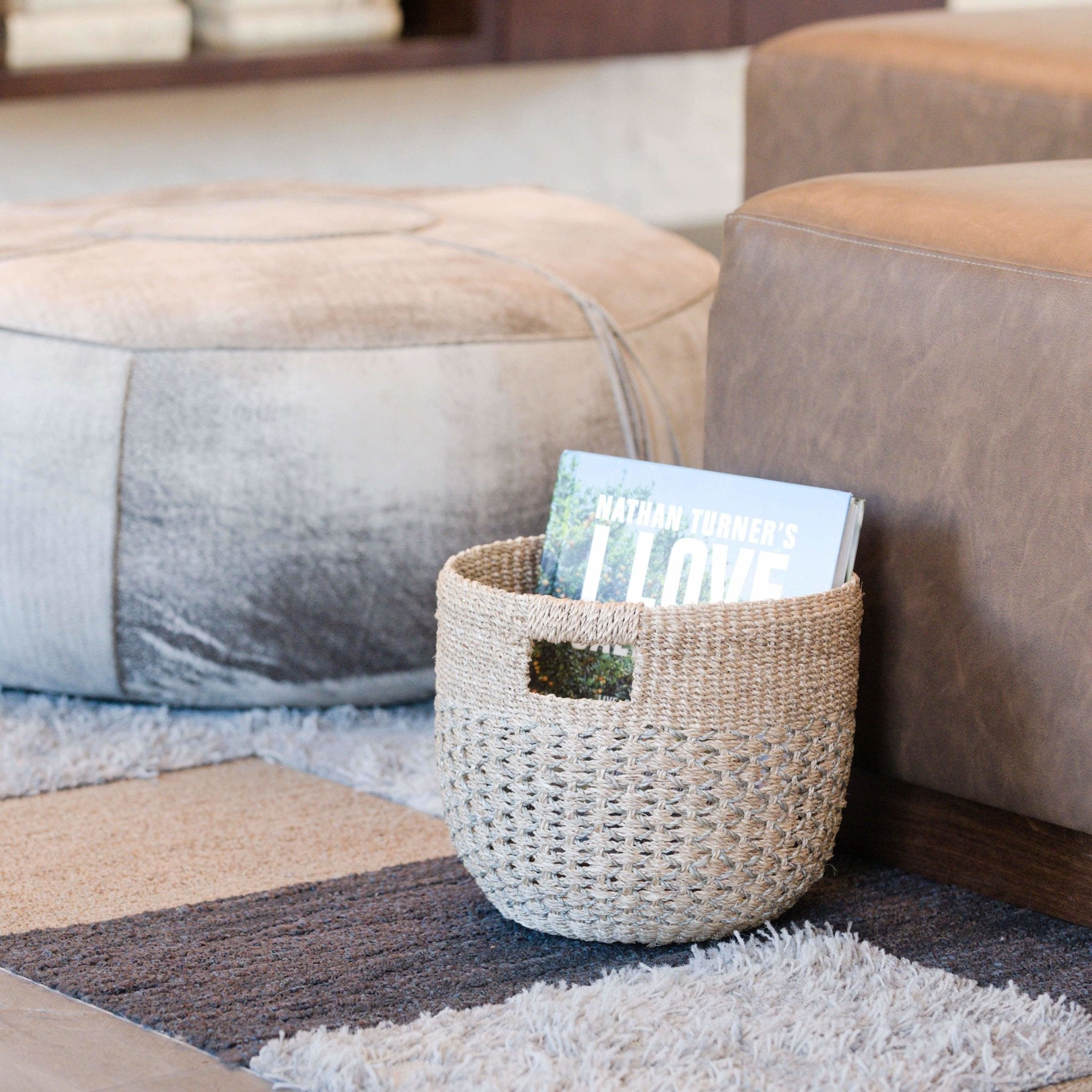 Grey Patterned Round Woven Basket - Handcrafted Bins | LIKHÂ