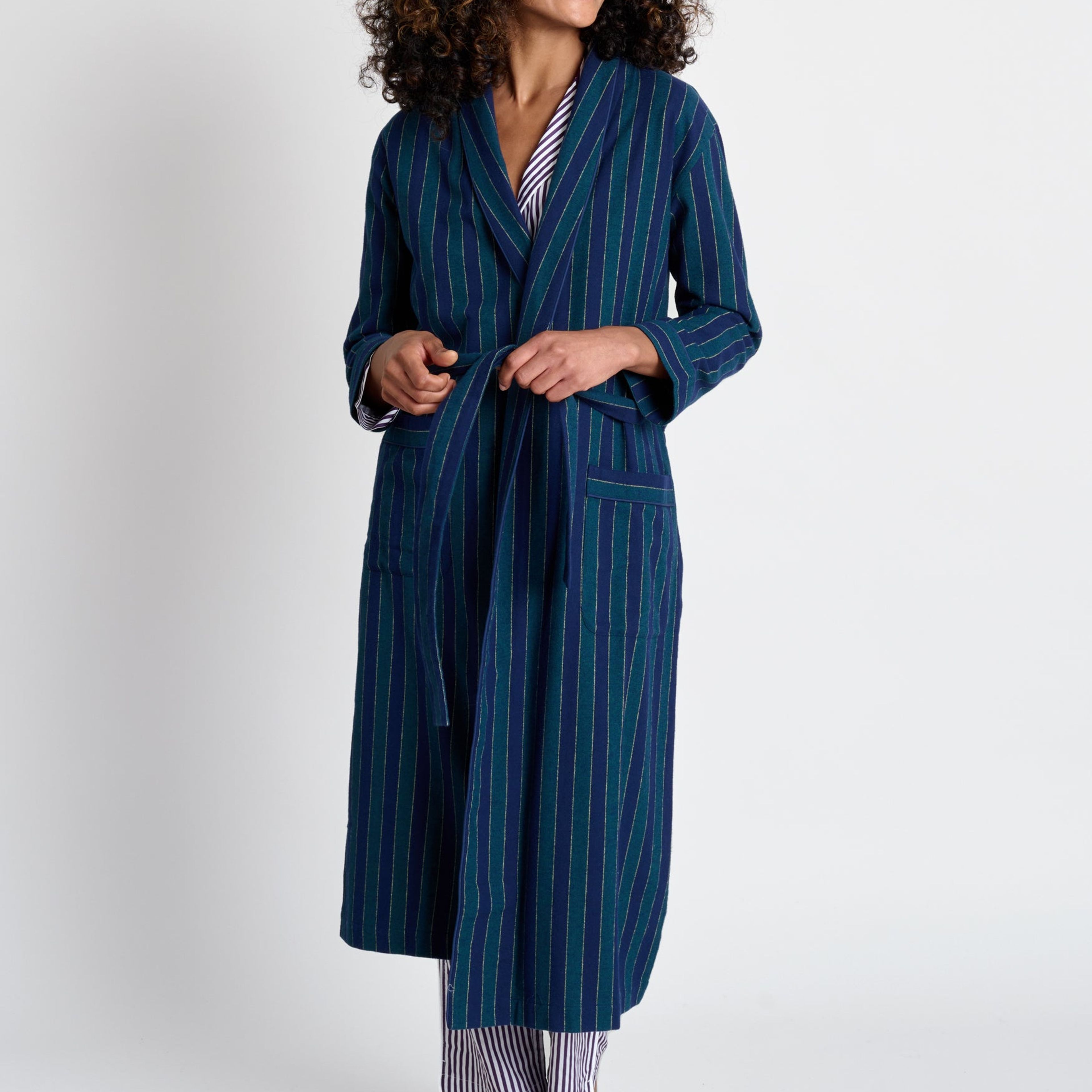 Marianne Long Robe in Green, Navy, and Gold Flannel Stripe