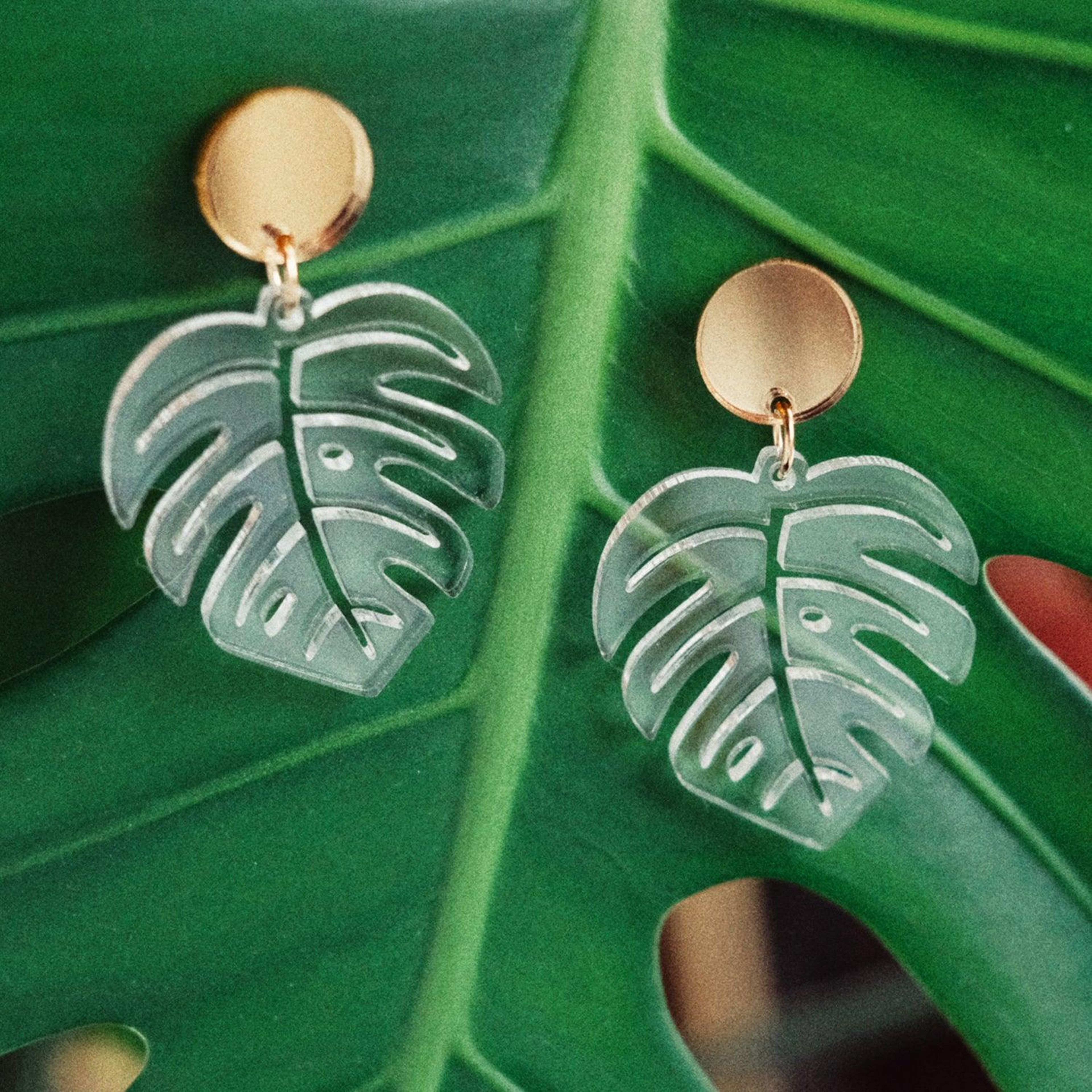 Monstera Leaf Dangle Earrings - Clear and Gold