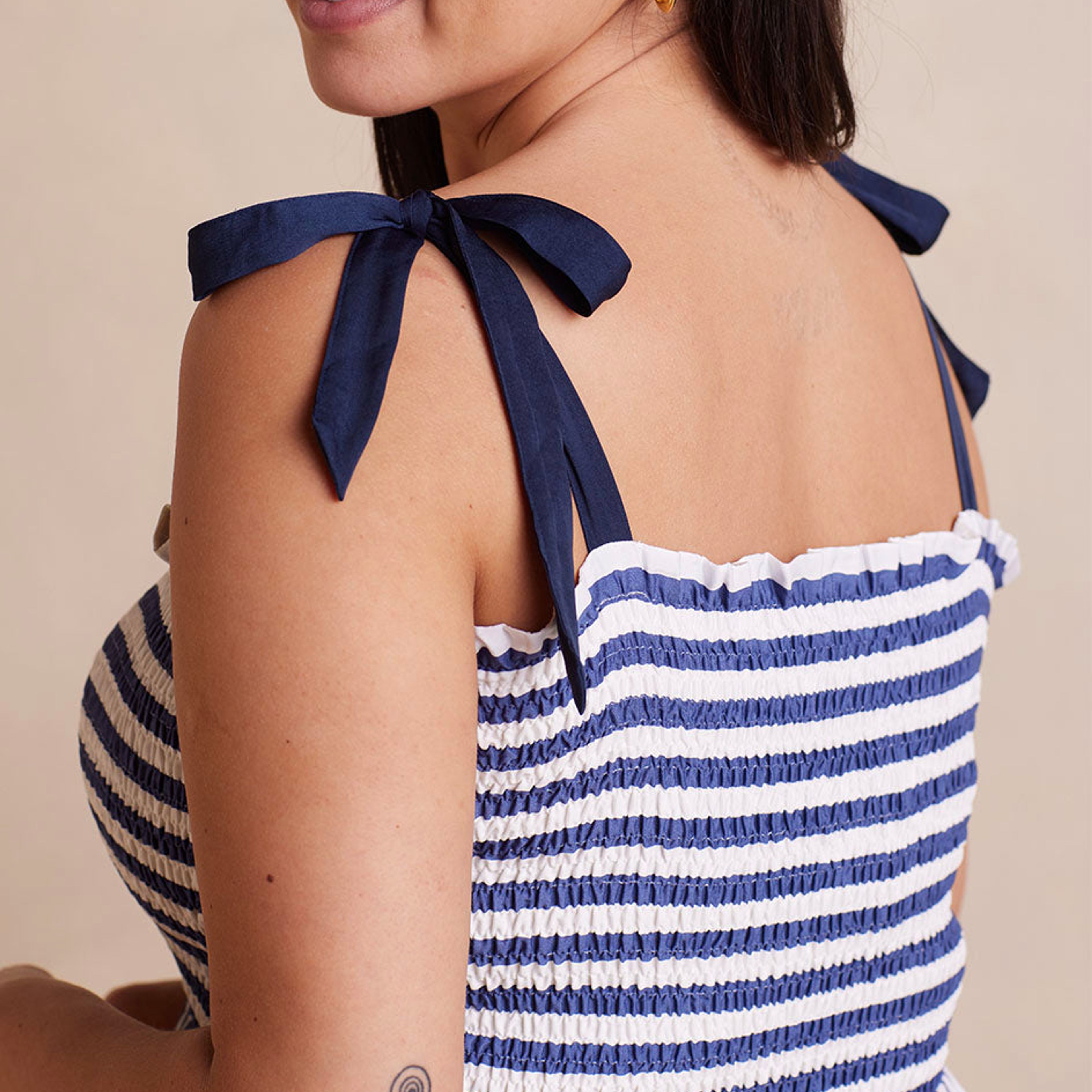 The Silky Luxe Smocked Maxi Dress - Nautical Stripe in Blue Mountain