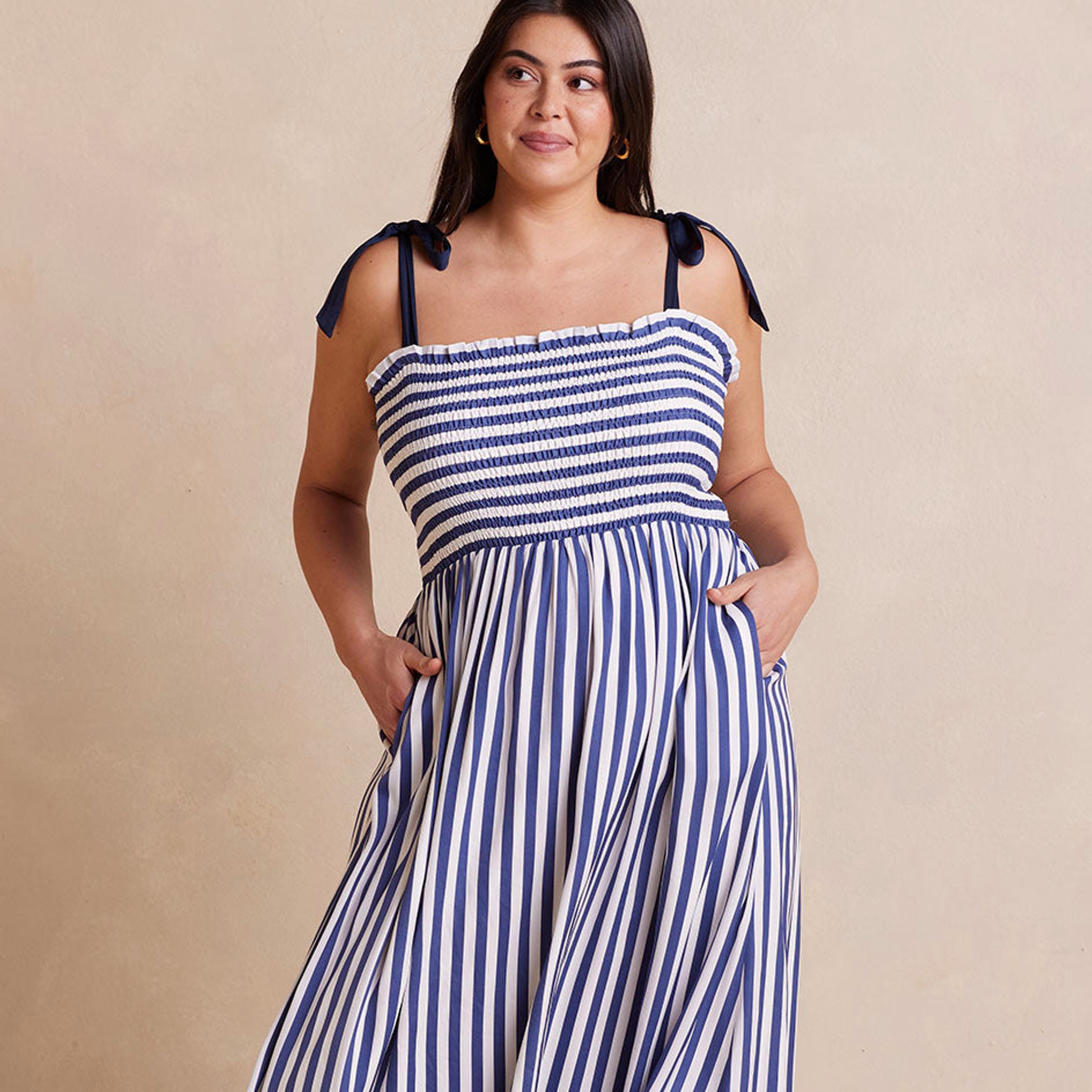 The Silky Luxe Smocked Maxi Dress - Nautical Stripe in Blue Mountain