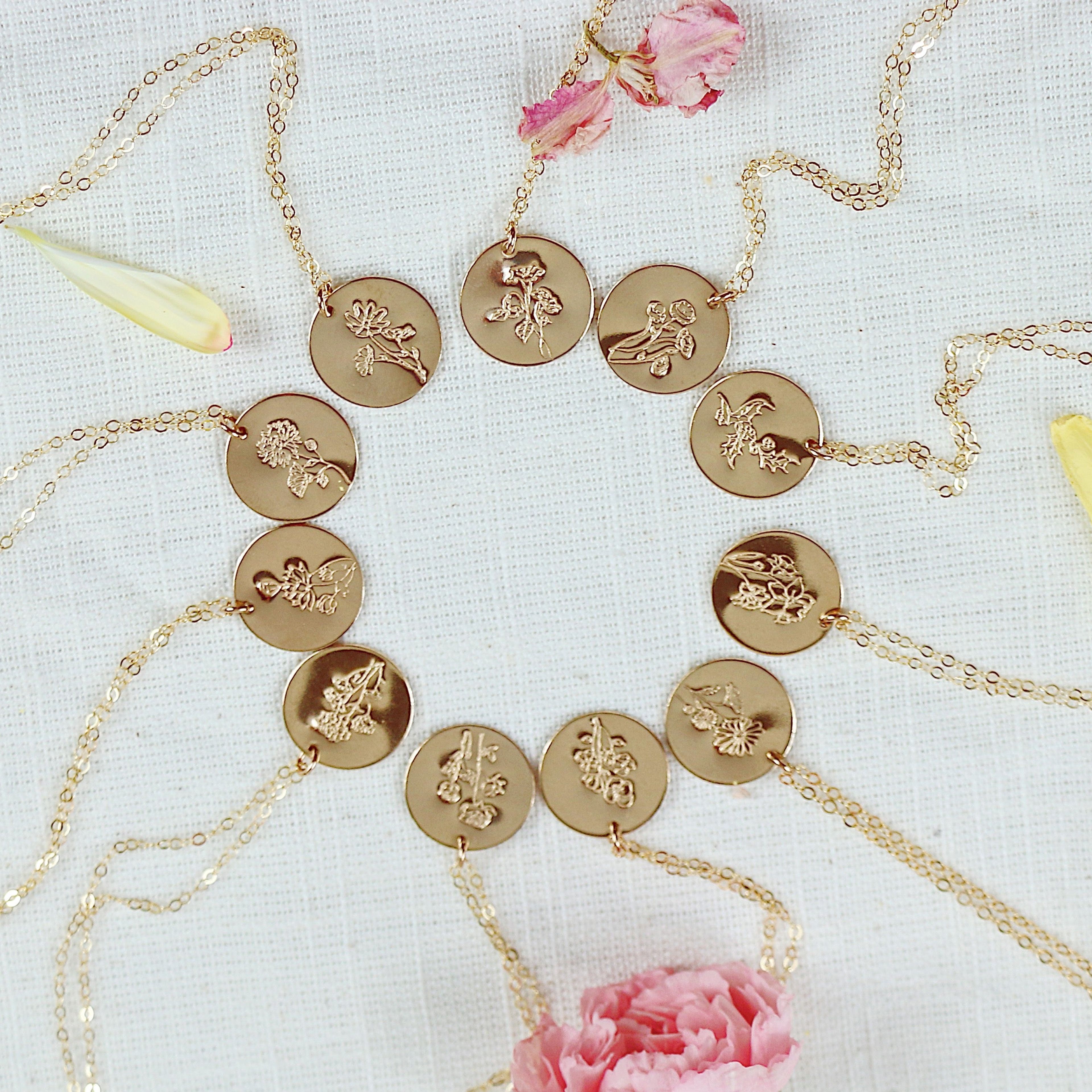 Birth Flowers Round Disc Necklace