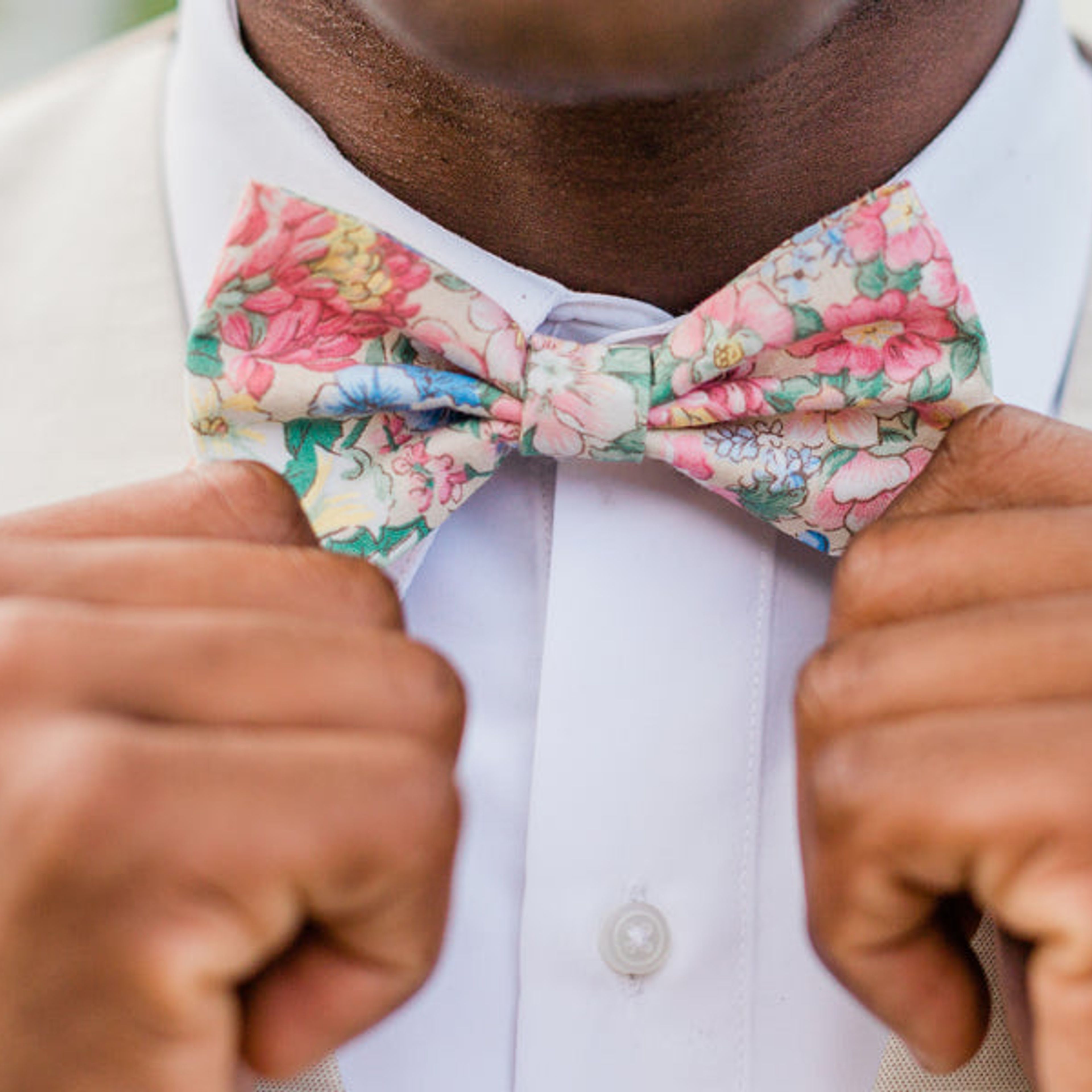 Pink, Blue, and Tan Floral Bow Tie