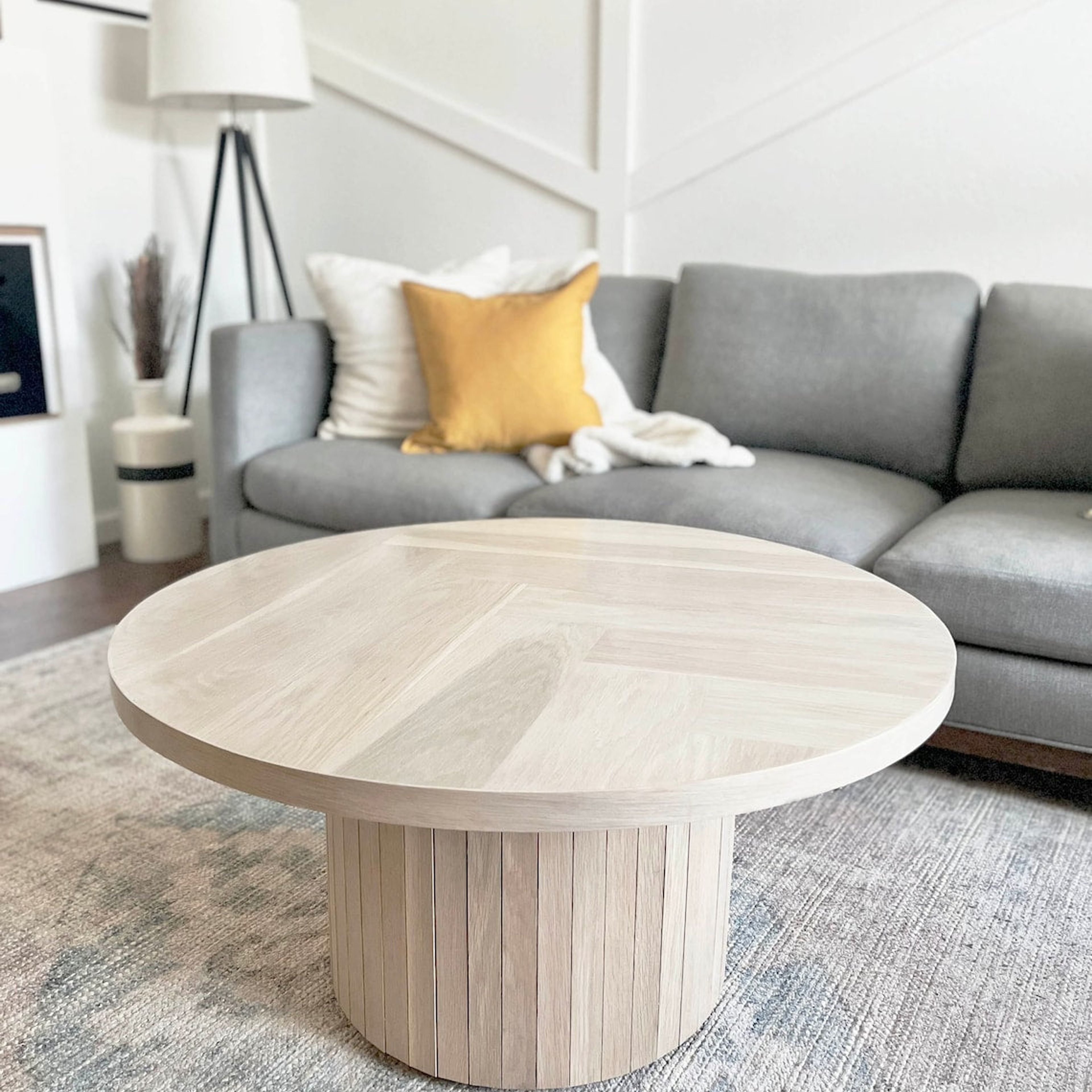 Round White Oak Wood Coffee Table with Pedestal Base