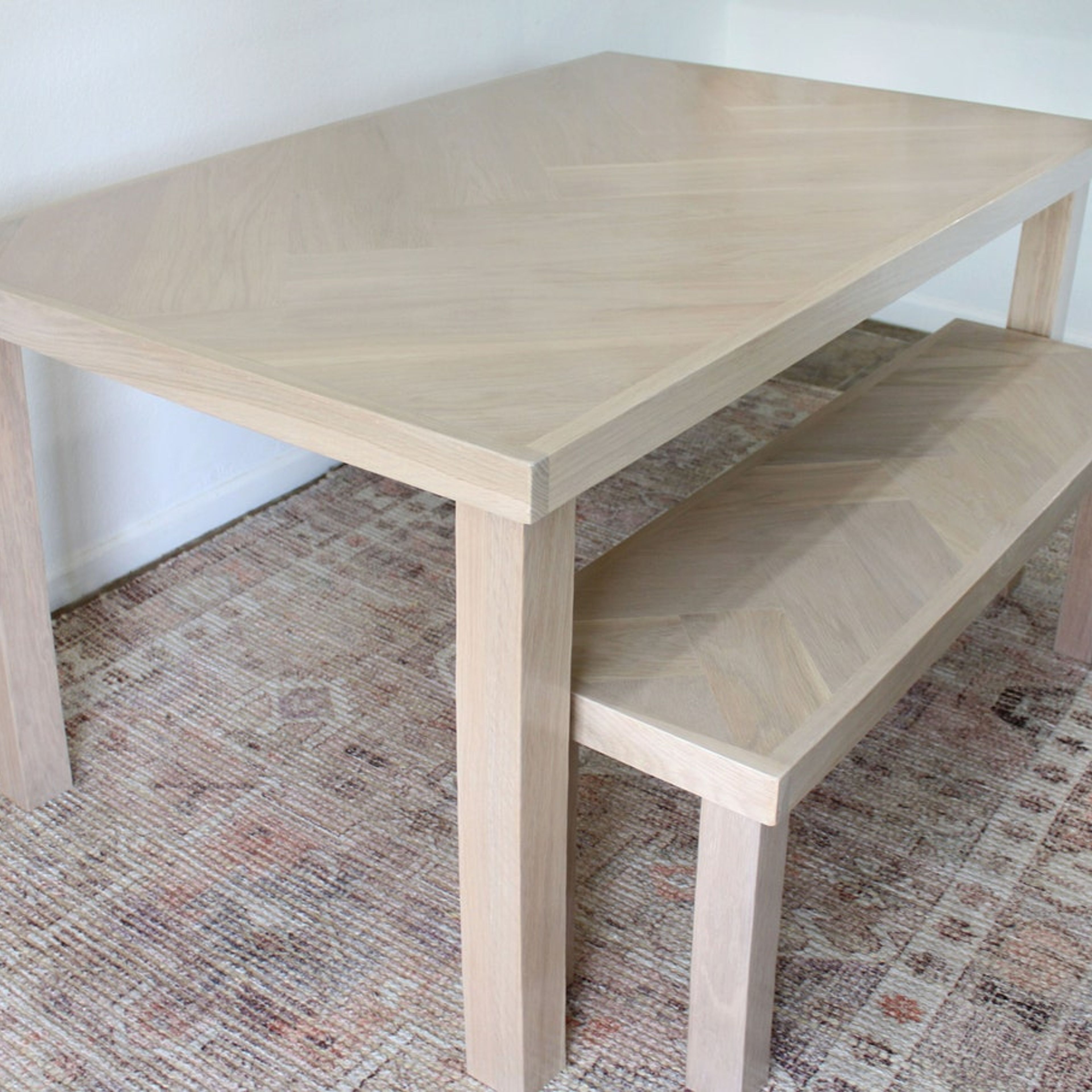 White Oak Single Herringbone Dining Table and Matching Bench Set (Set w/ Wood Legs)