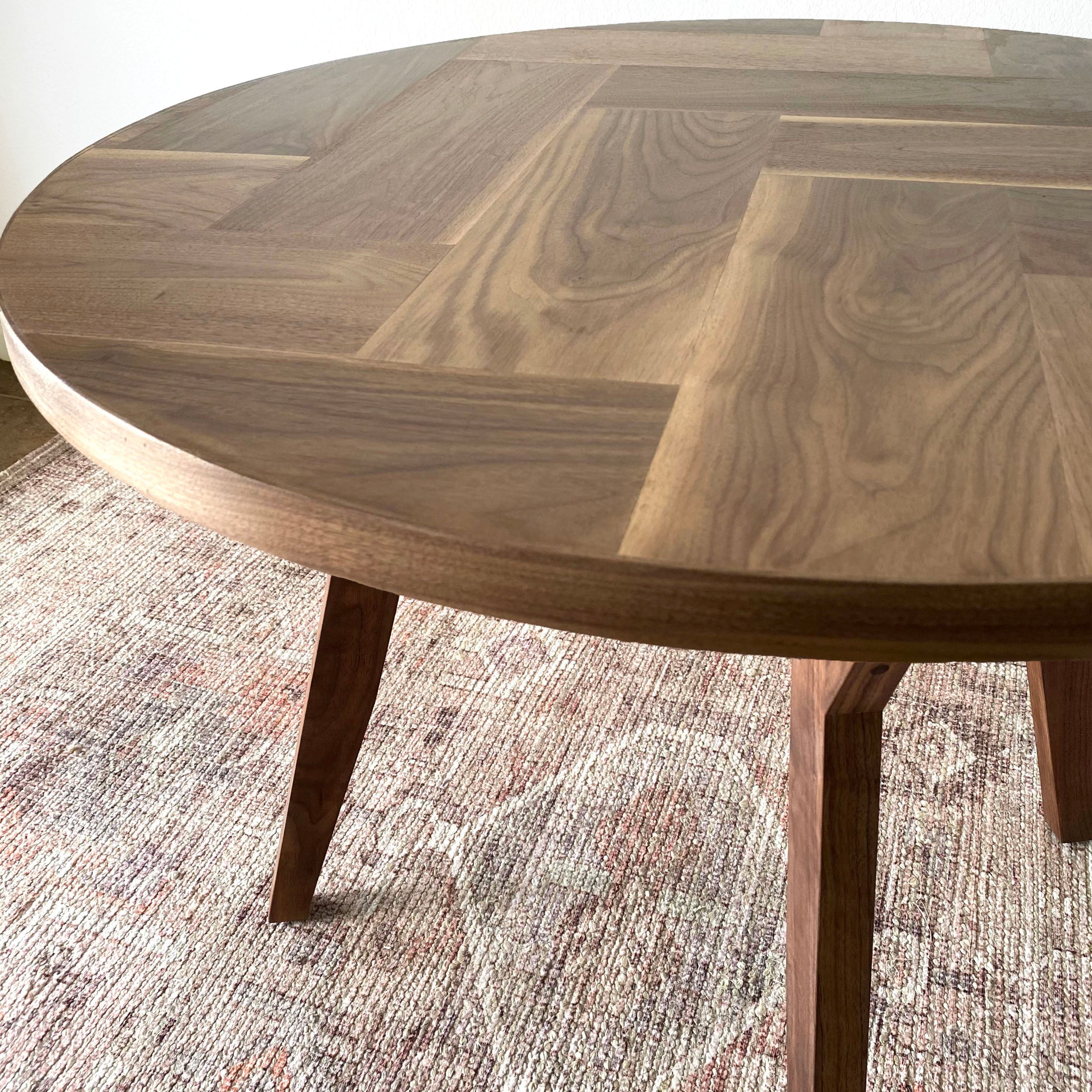 Modern Round Walnut Herringbone Dining Table with Tapered Walnut Wood Legs