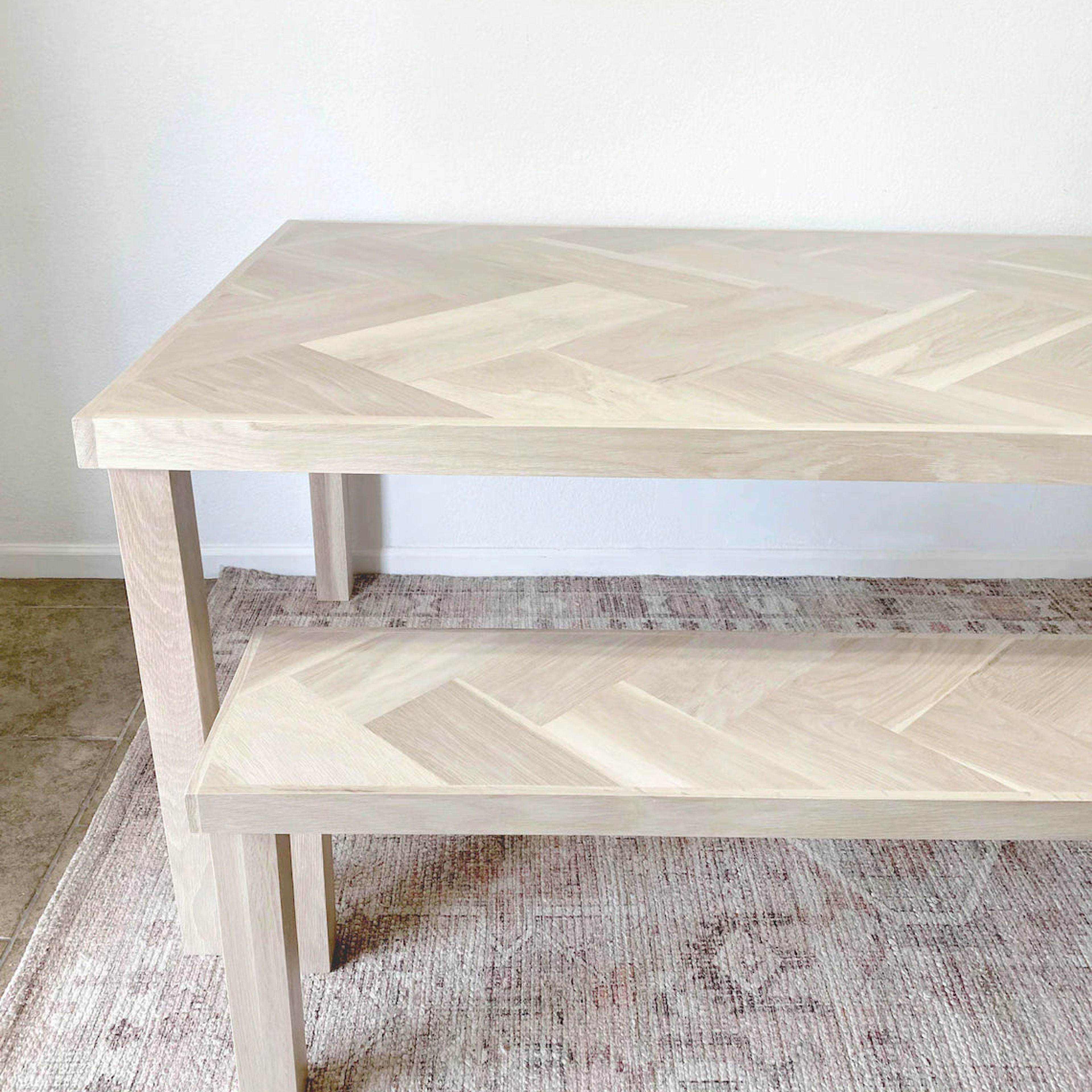 White Oak Double Herringbone Dining Table and Matching Bench Set (Set w/ Wood 4-Post Legs)