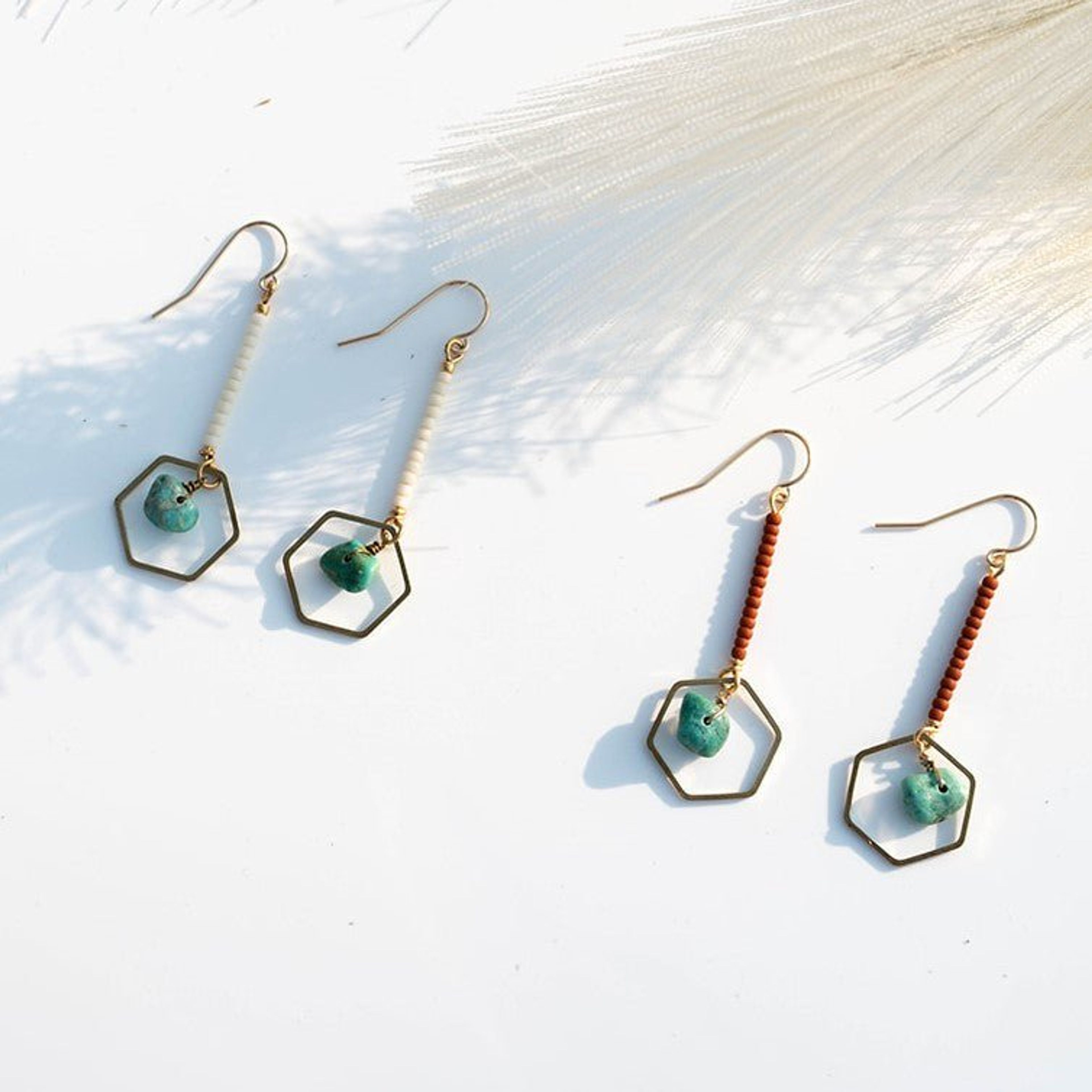 Hexagon Drop Earrings, Turquoise & Matte Ivory