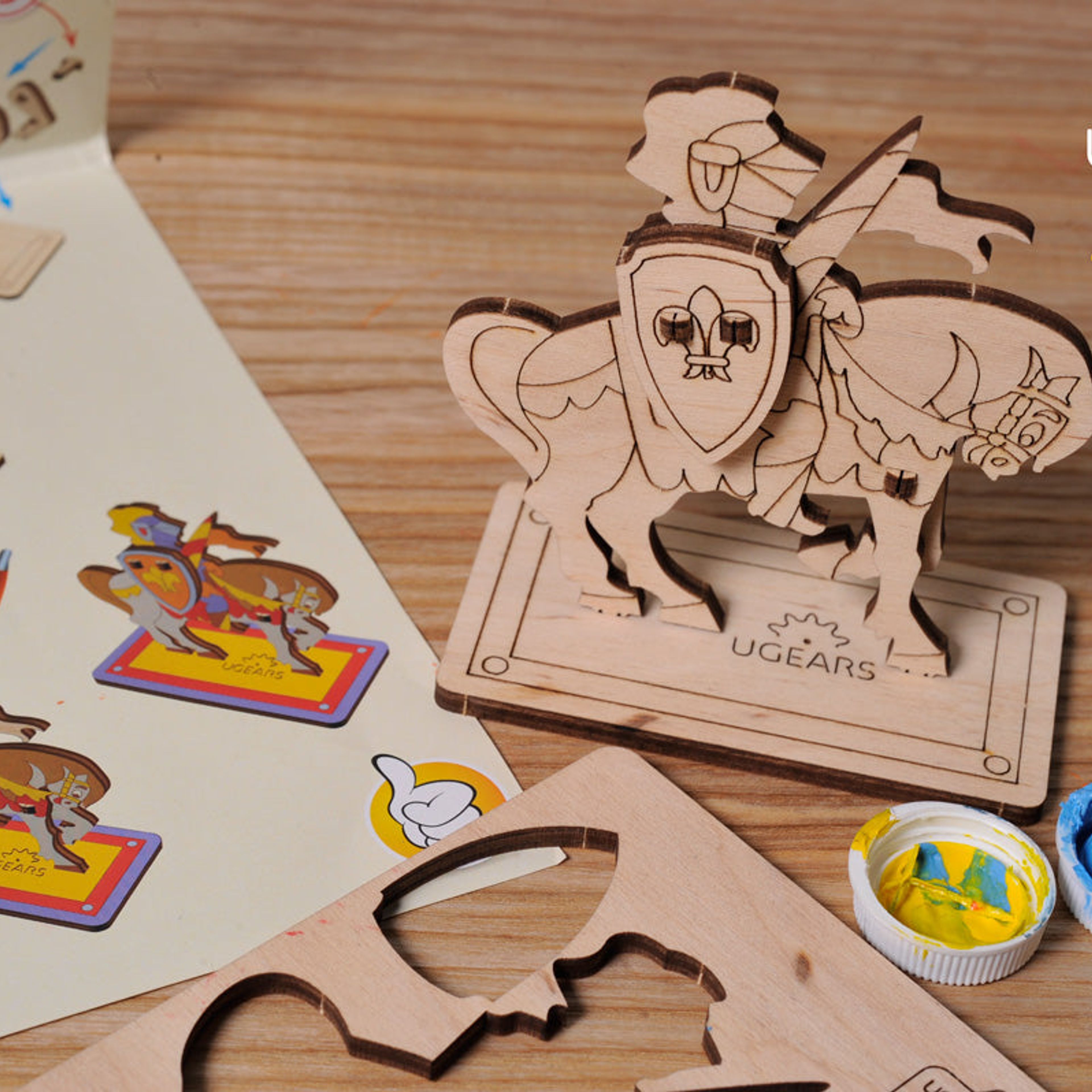 UGears 4Kids Coloring Models Set #2 - 5 small (Knight, Biker, Steamboat, Rocking Horse, and Whale)