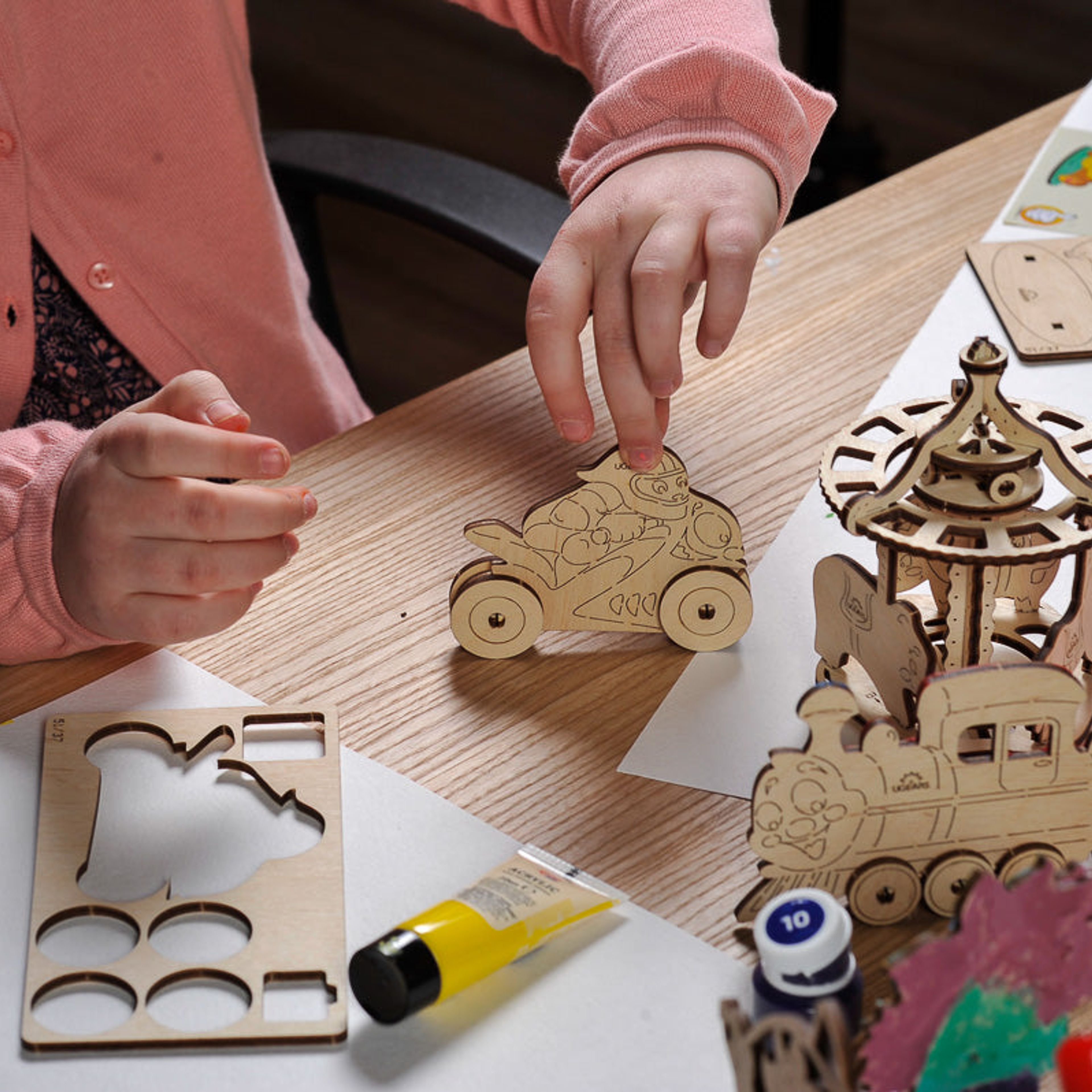 UGears 4Kids Coloring Models Set #2 - 5 small (Knight, Biker, Steamboat, Rocking Horse, and Whale)