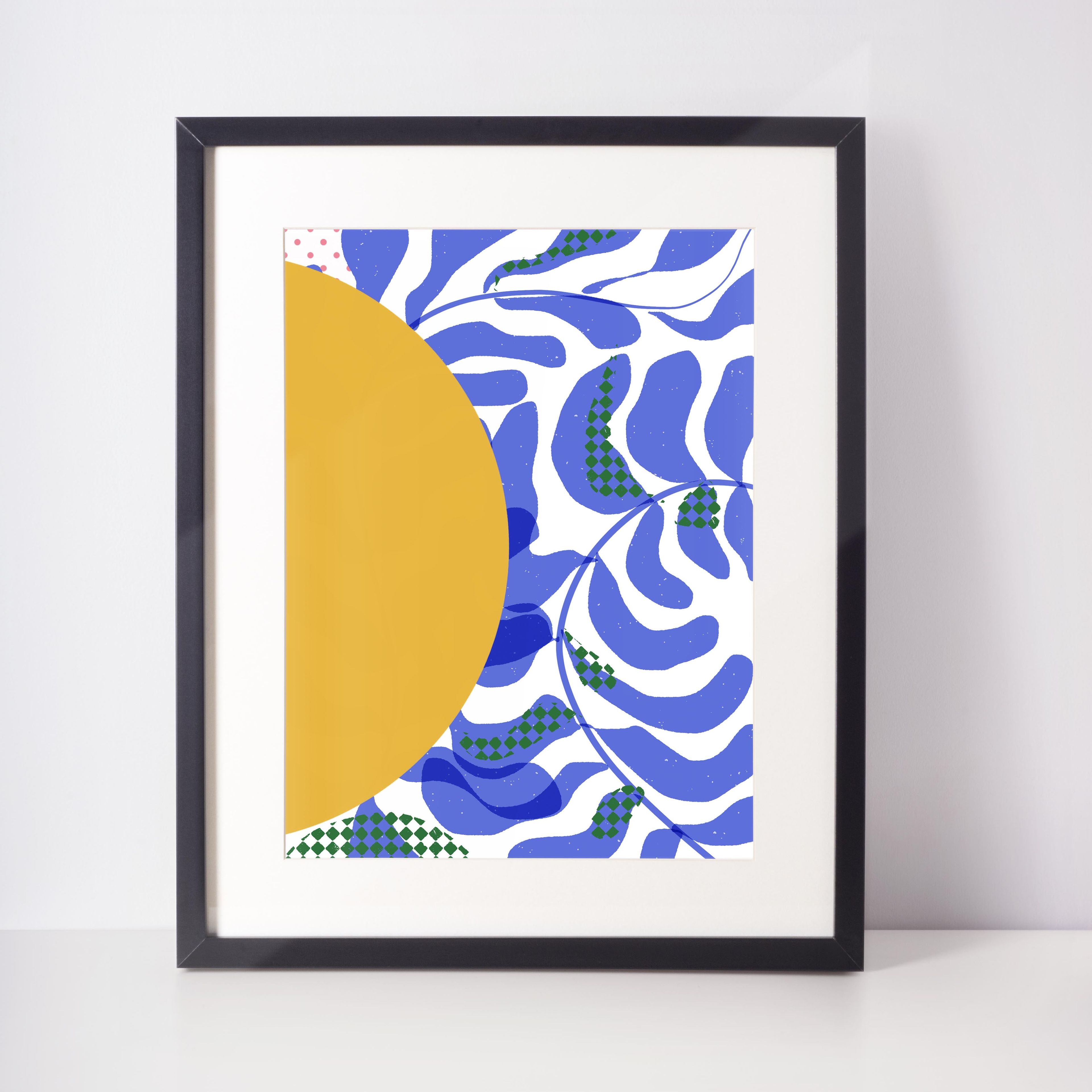 Sunny Abstract Art print, Ready to Frame contemporary Blue and Yellow Wall Art, Abstract Shapes