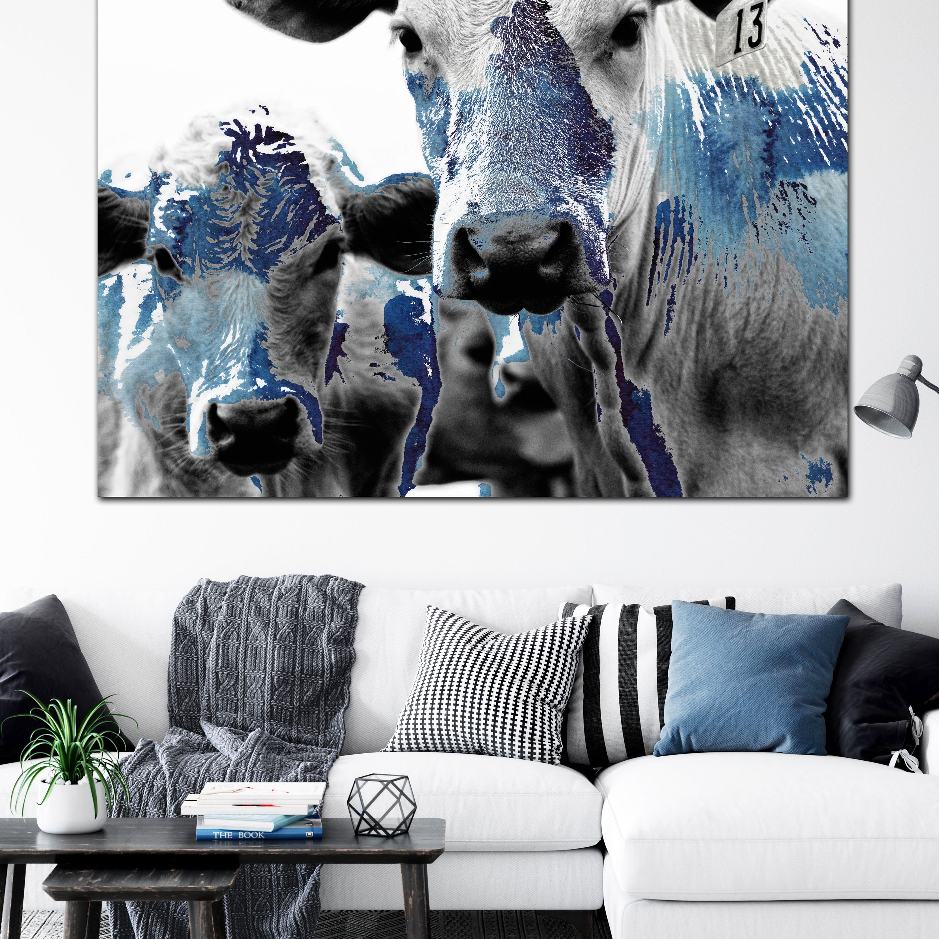 Blue Watercolor Cows Art Farmhouse Decor Canvas Art - LC72