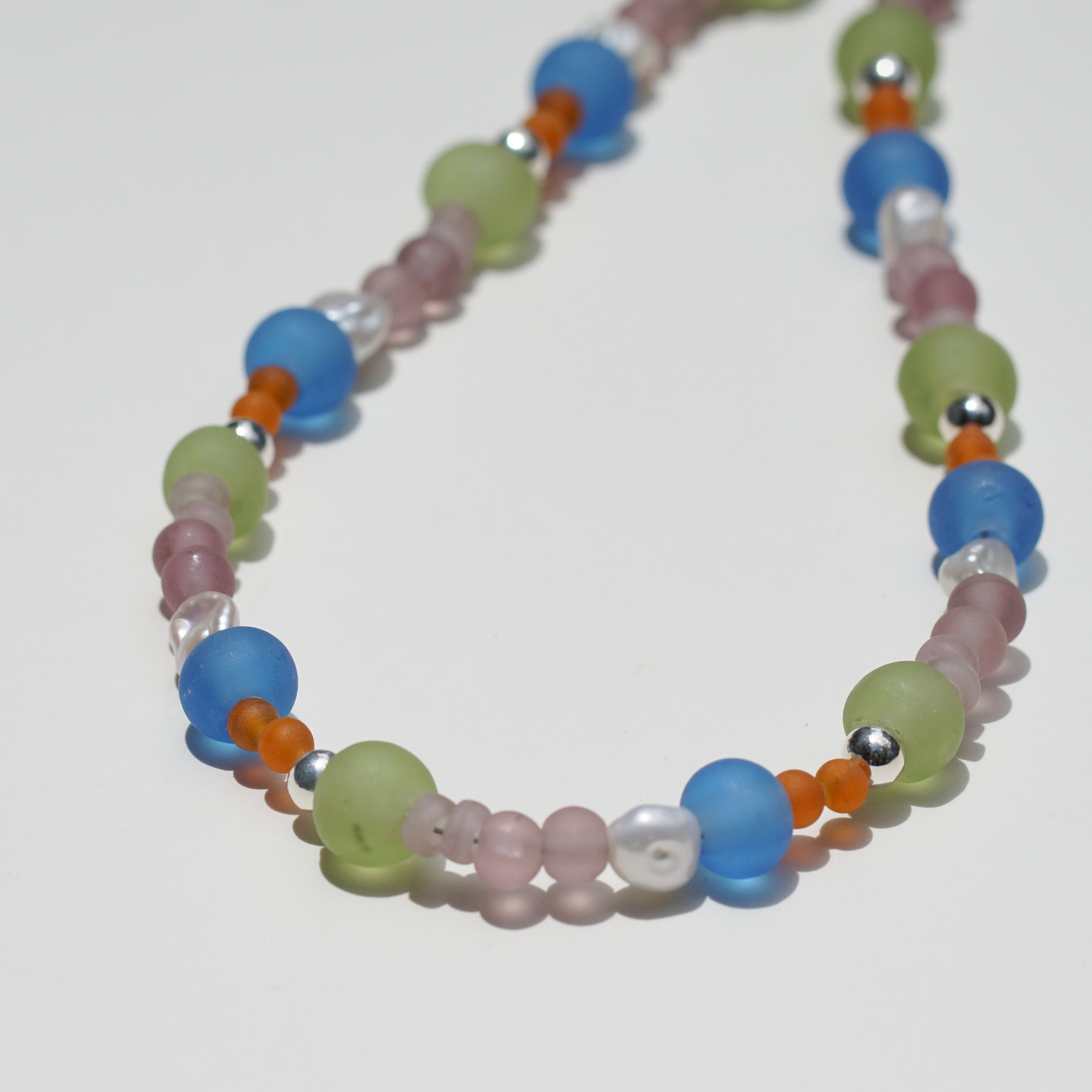 Green Blue Orange Lavender Recycled Glass Beaded Necklace - Colores