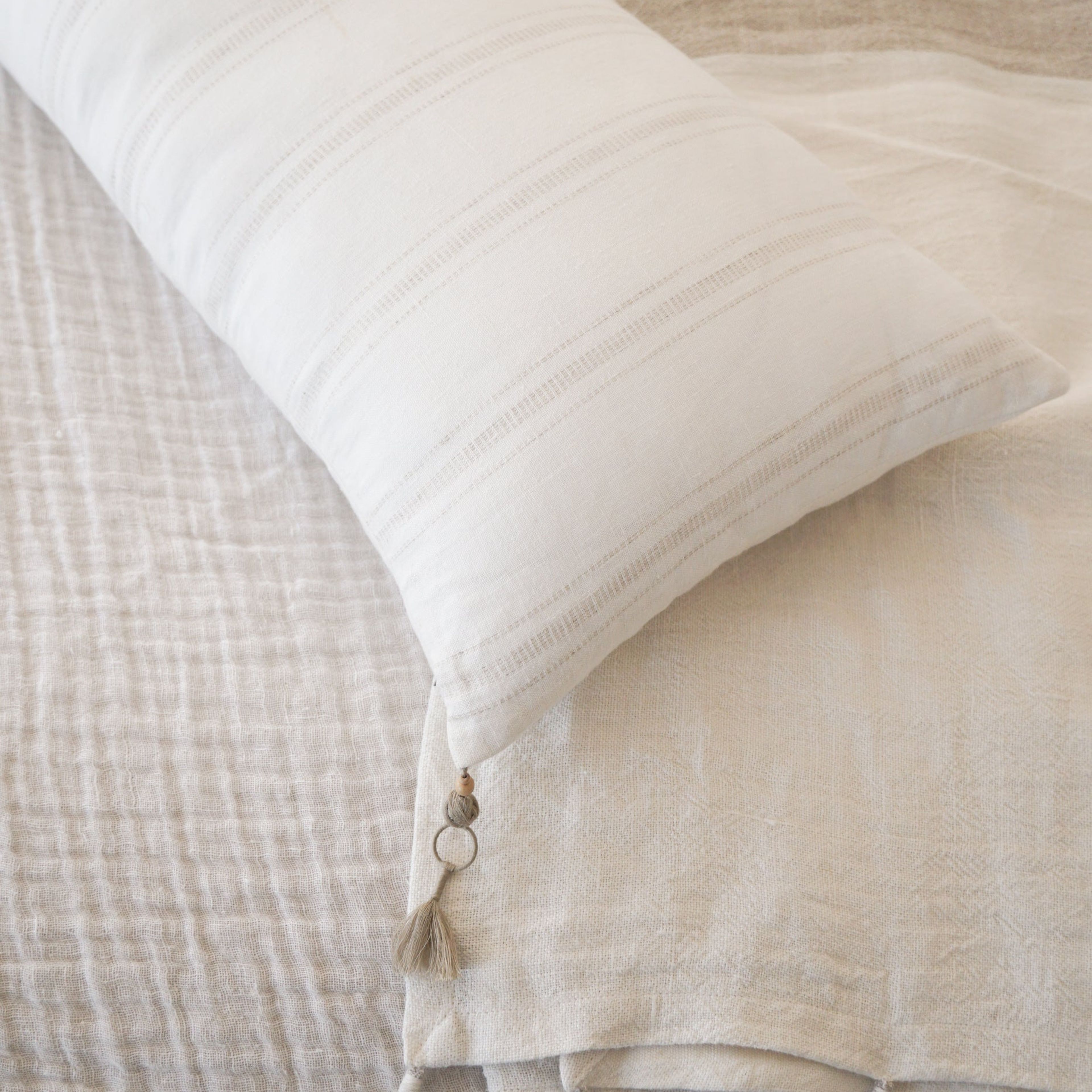 White with Beige Stripes Linen Pillow 13x30