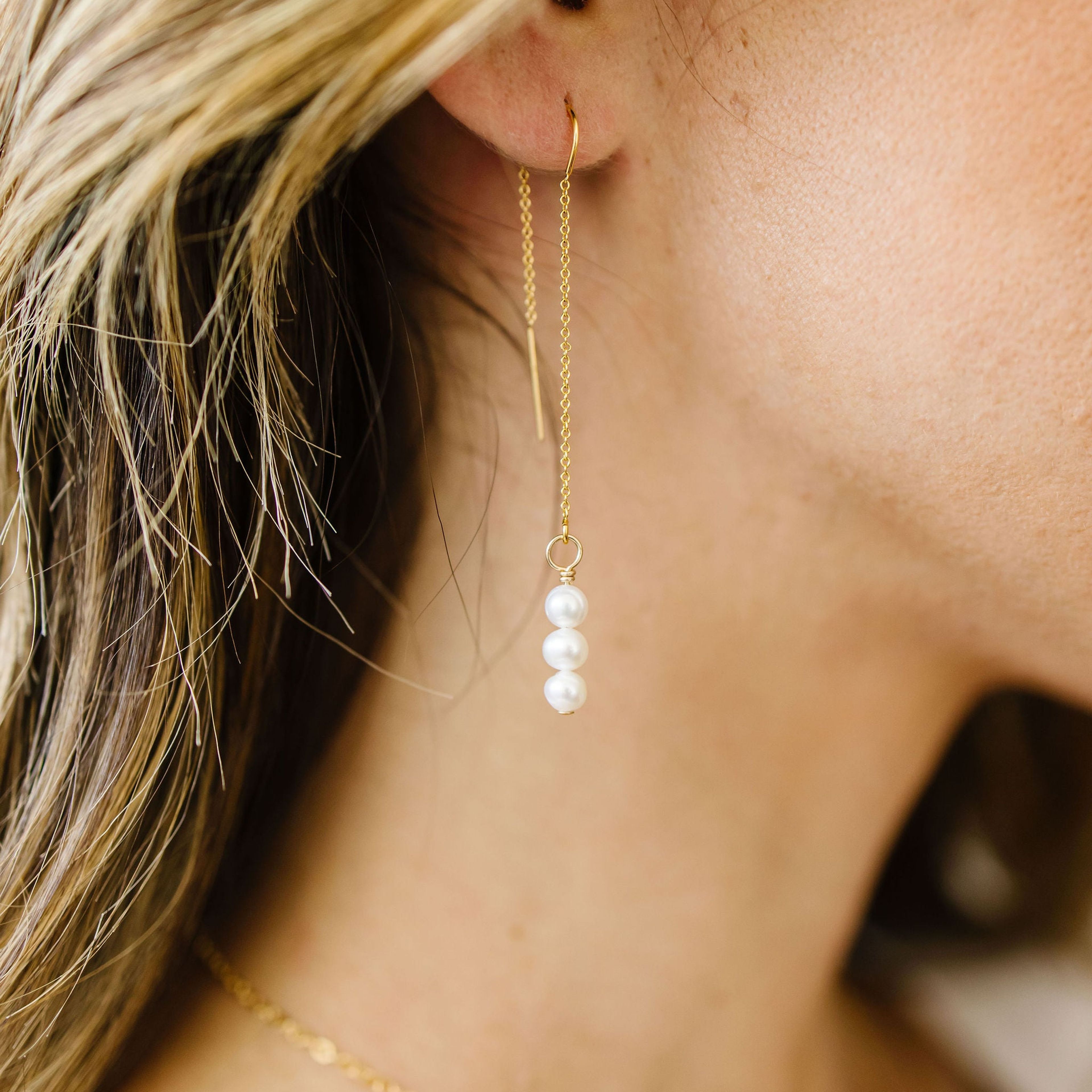 Pearl Droplet Threader Earrings