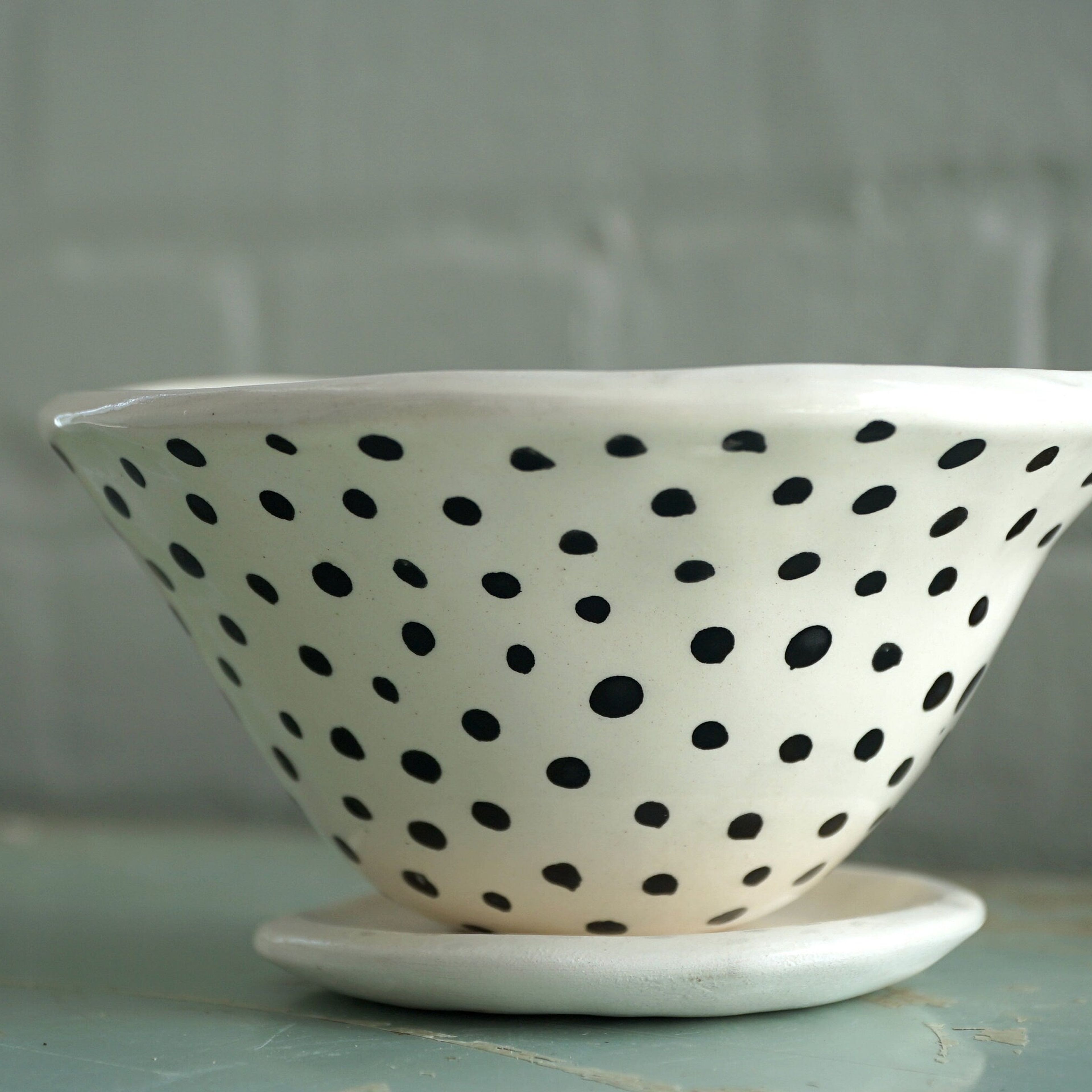 Black & White Glazed Table Planter w/  Hand Painted “Polka Dot” Design - Matching Tray - Succulent Pot - Pottery
