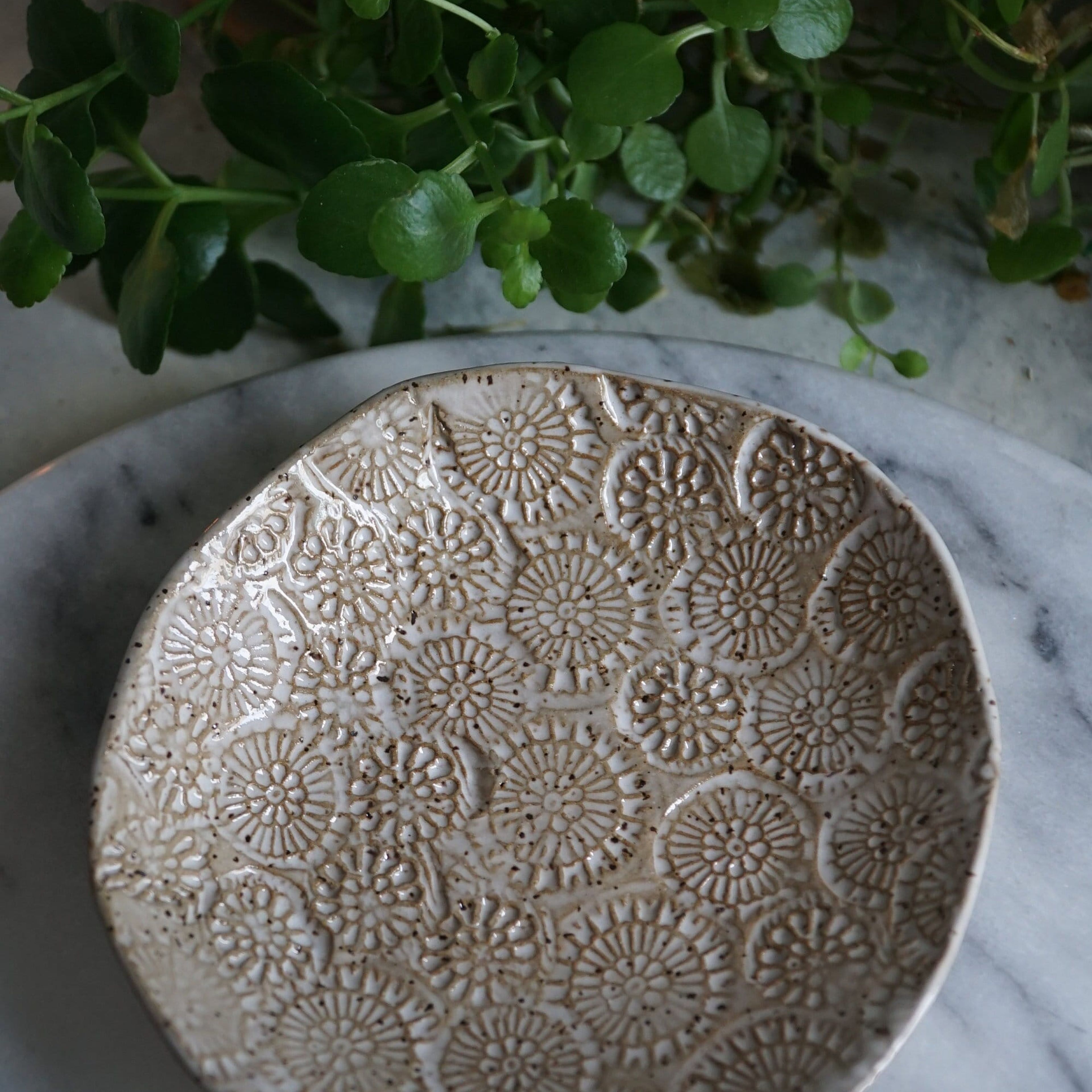 Speckled Stoneware Flora Bowl - White Stamped Dish - Small Serving Bowl - Catch-All Dish - Jewelry Dish - Wabi Sabi - Rustic Plate