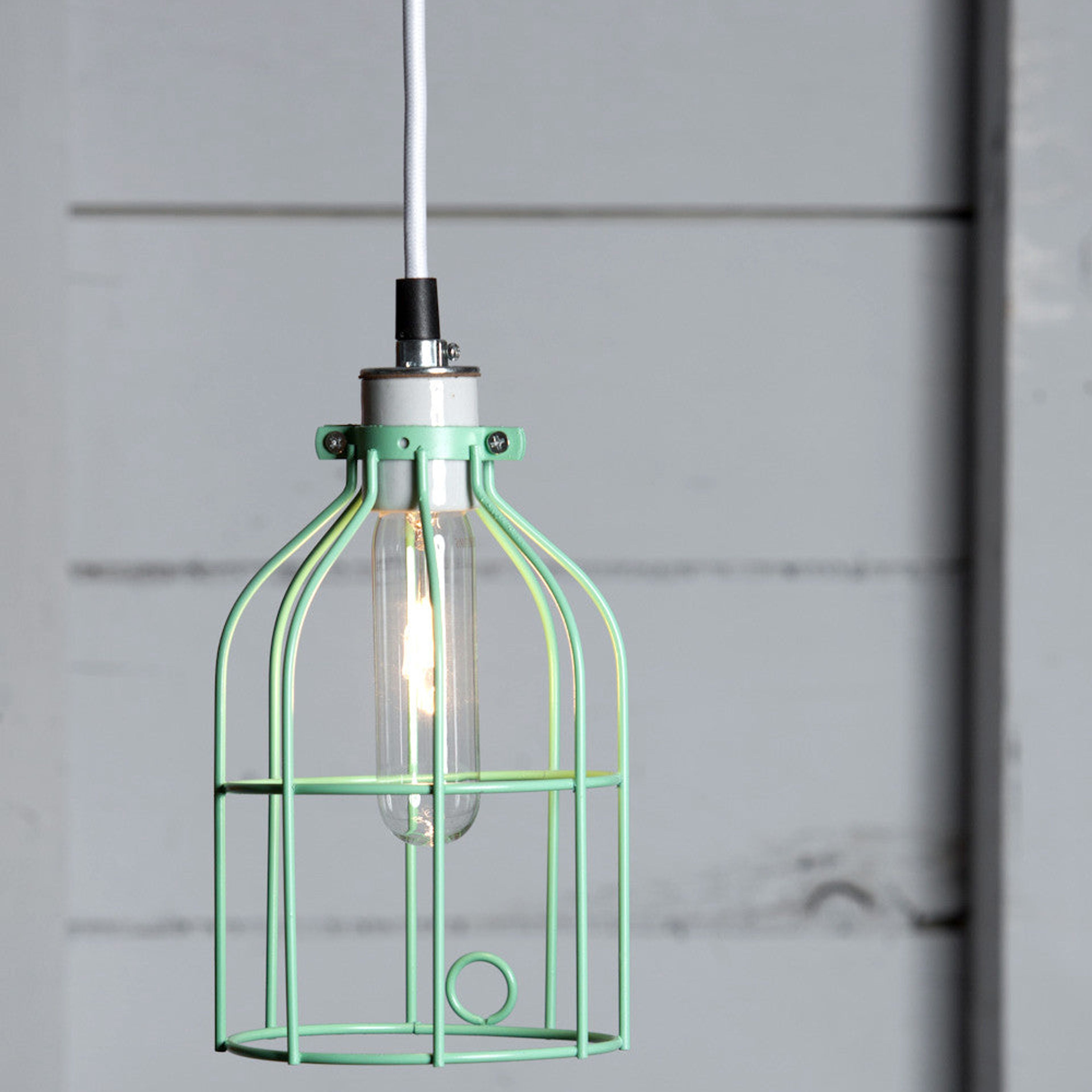 Industrial Pendant Lighting - Mint Green Wire Cage Light