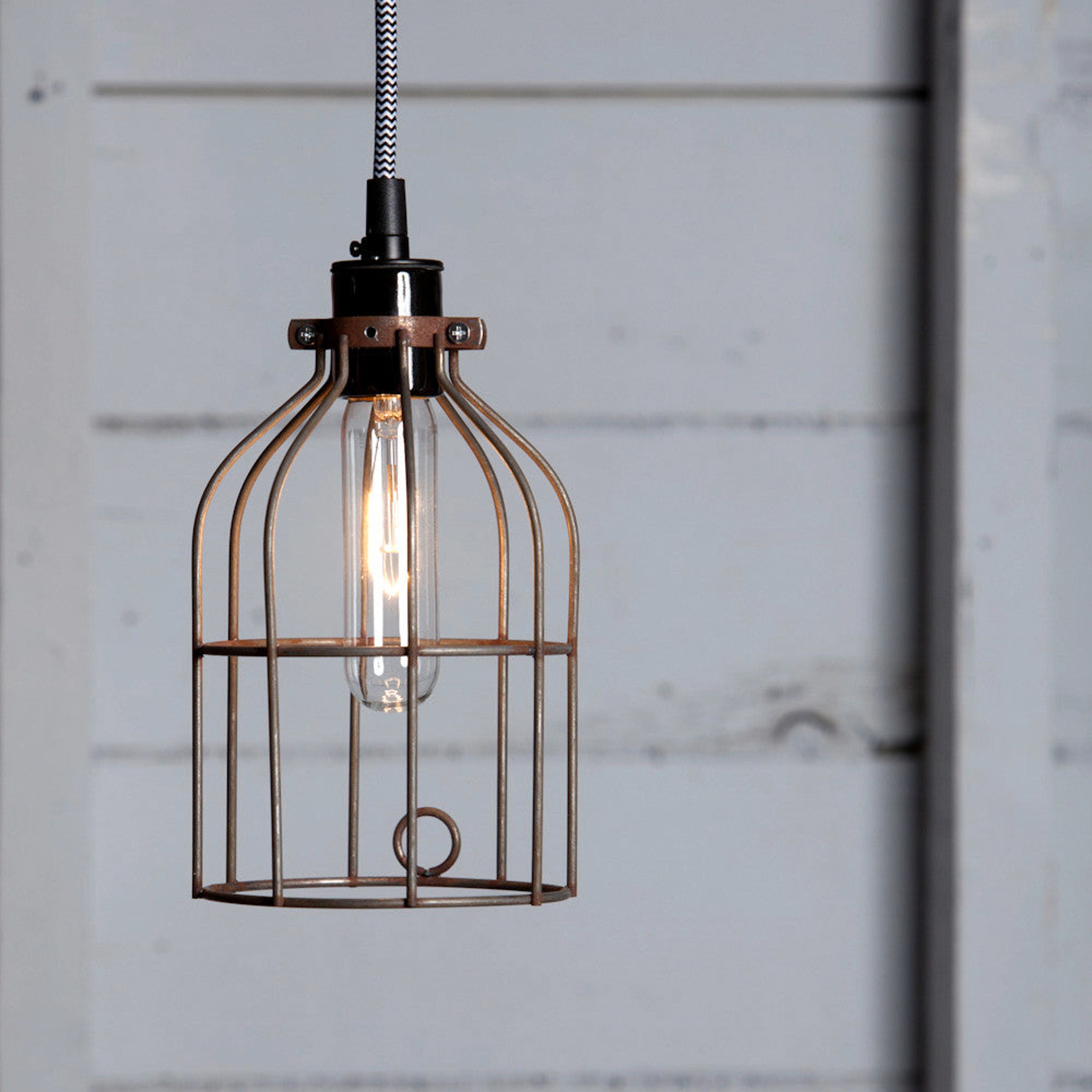 Industrial Pendant Lighting - Vintage Rusted Wire Cage Light