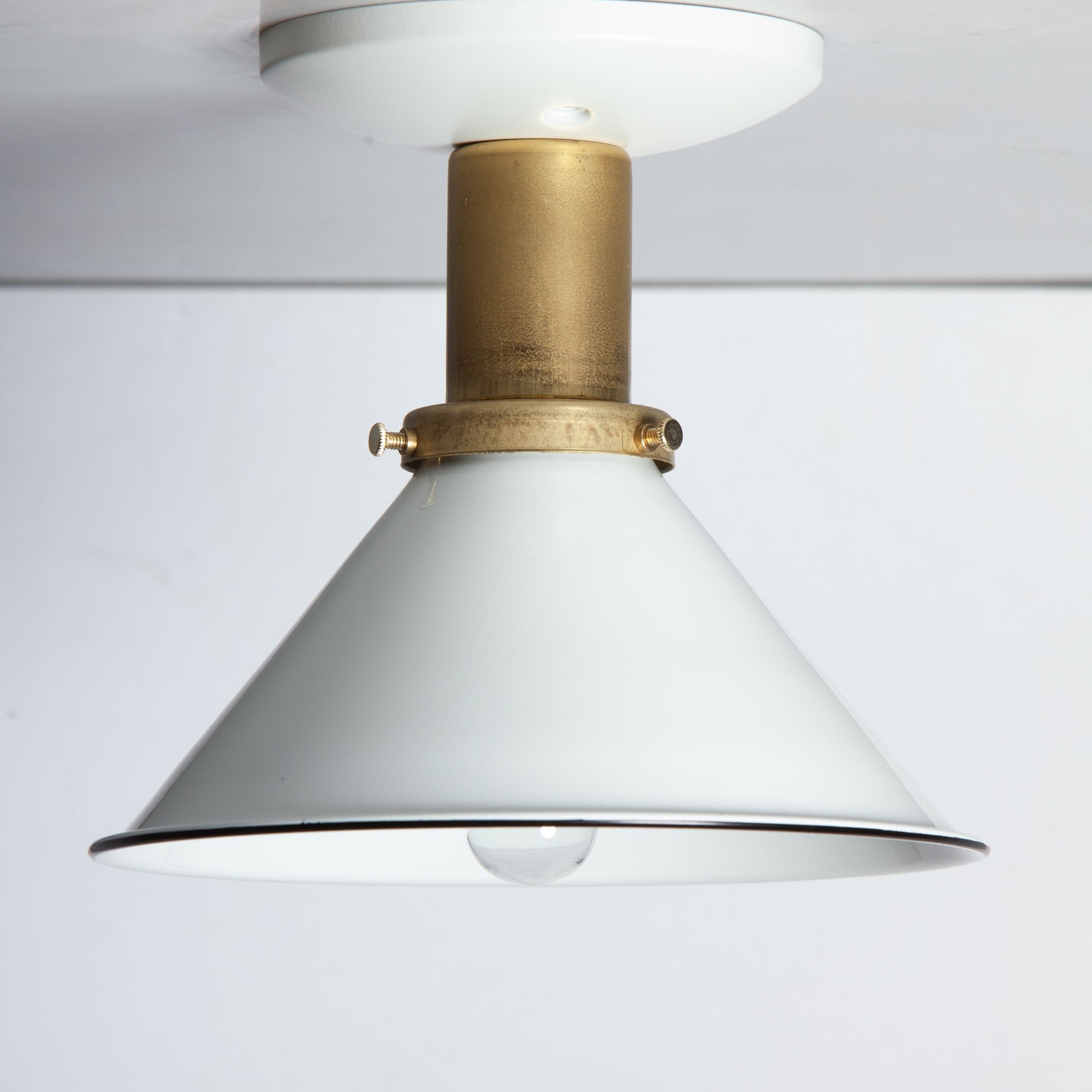 White Metal Cone Shade - Brass Ceiling Mount Light