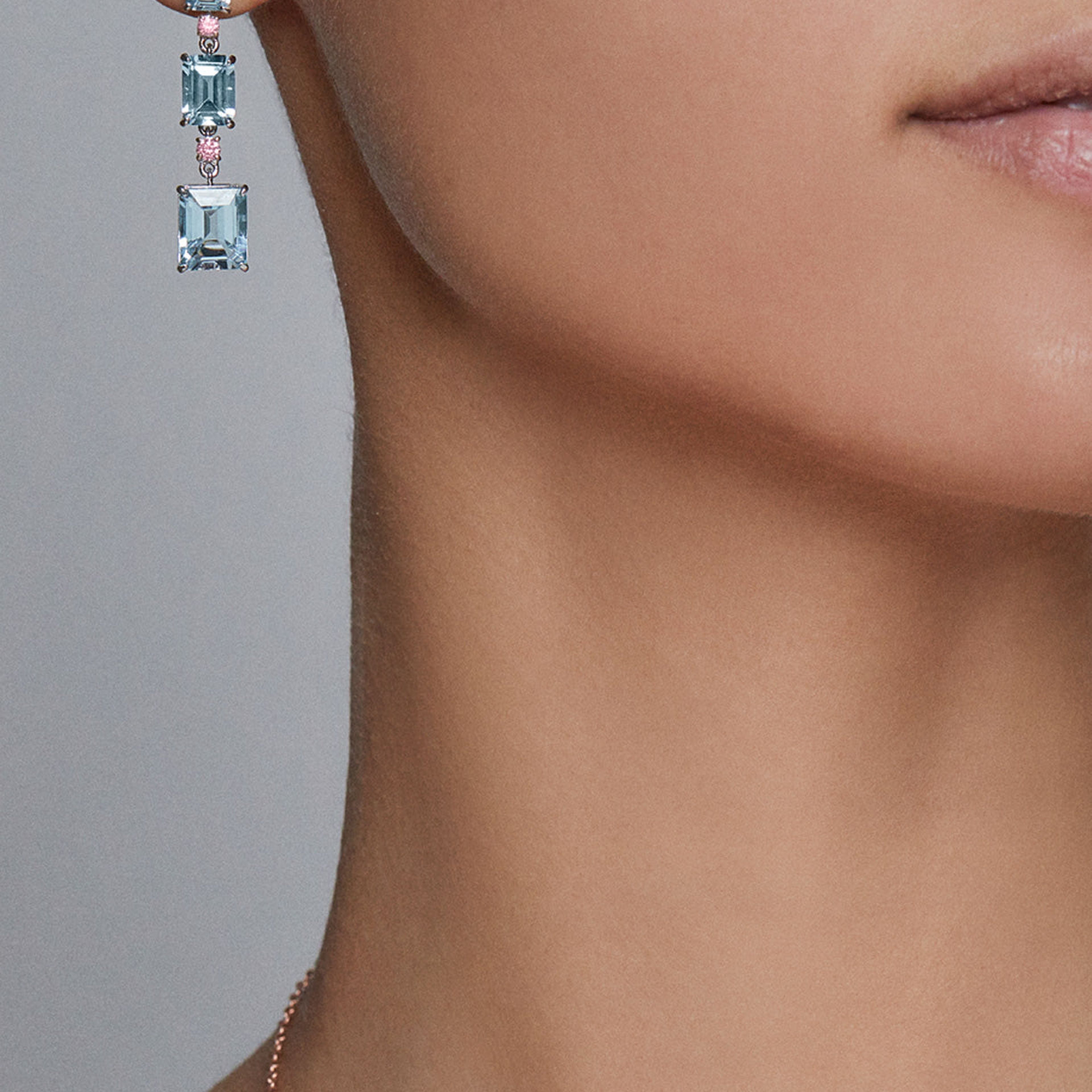 Argyle Pink Diamond and Aquamarine 3 Station Drop Earrings