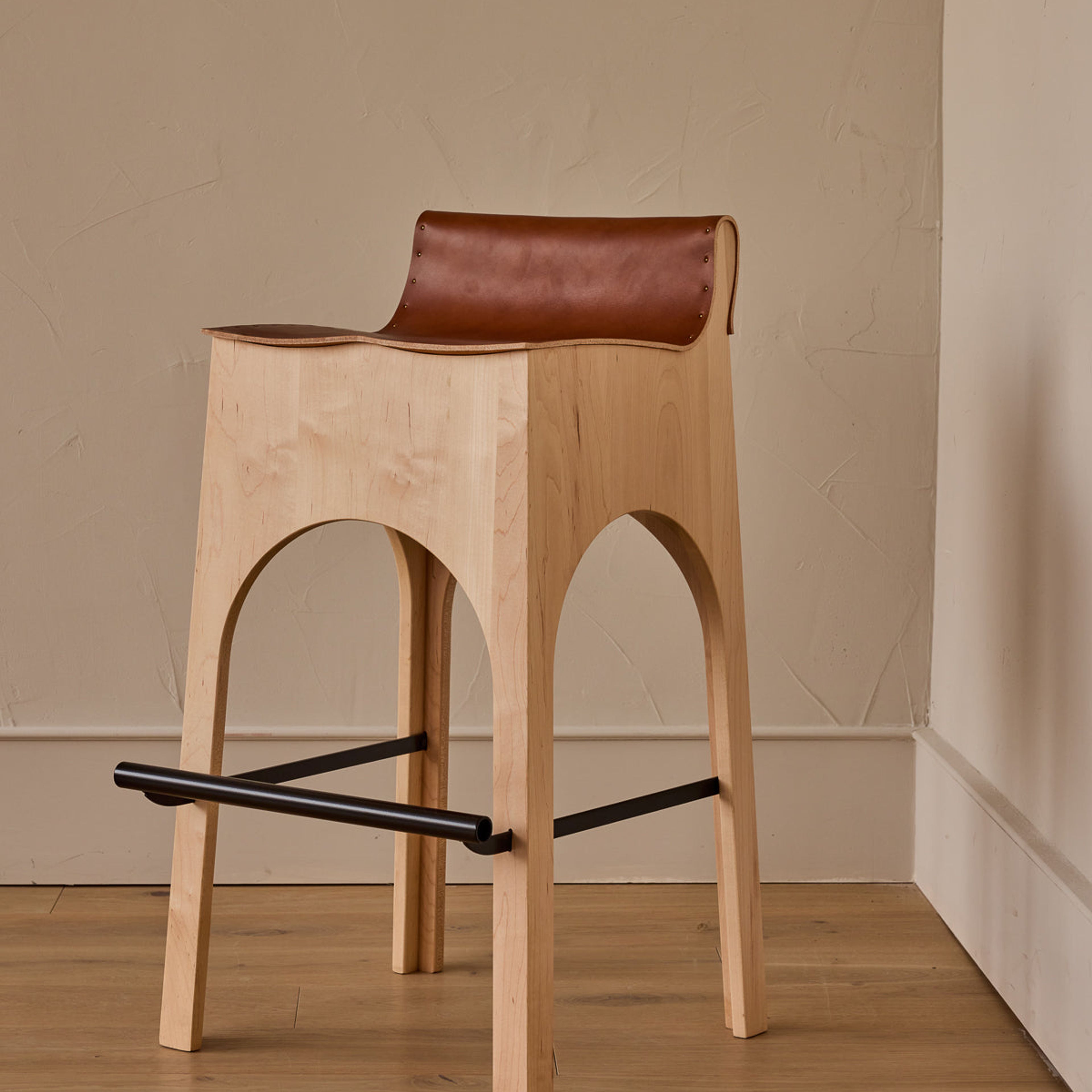 Jack Leather and Wood Stool - Tan