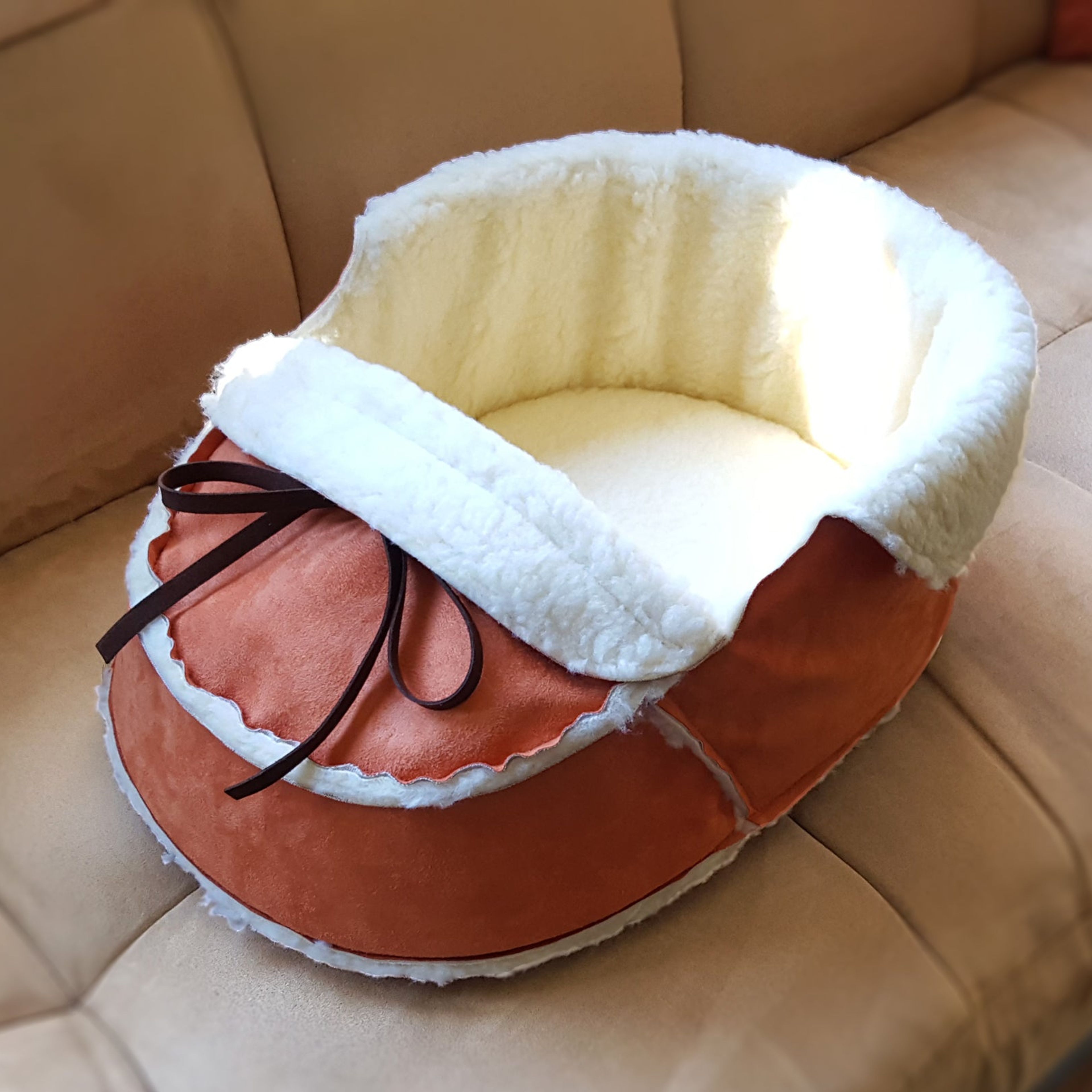 Sherpa Moccasin Cat Bed in Orange Suede- 100% vegan materials