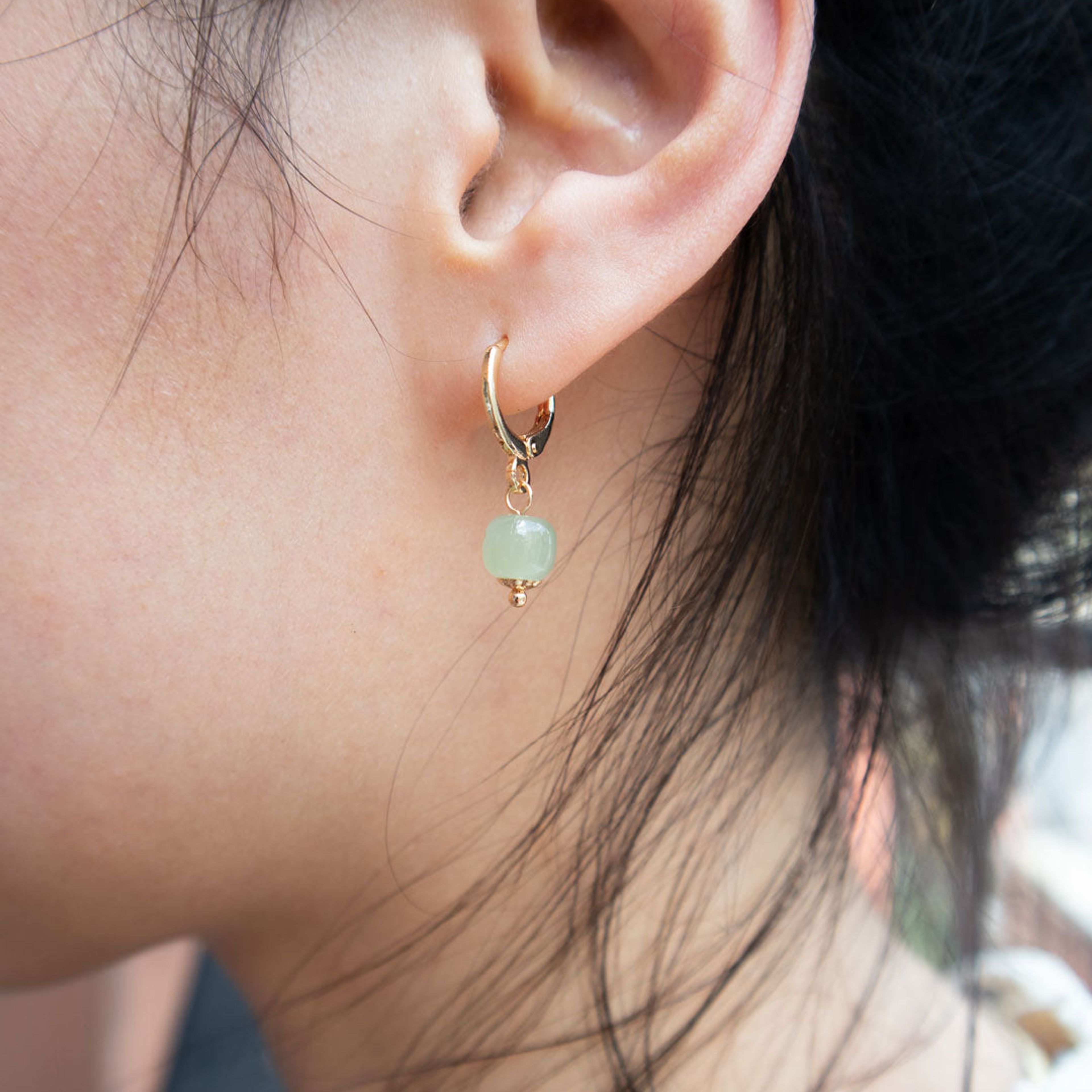 Berry — Small hoop with green bead earrings and
