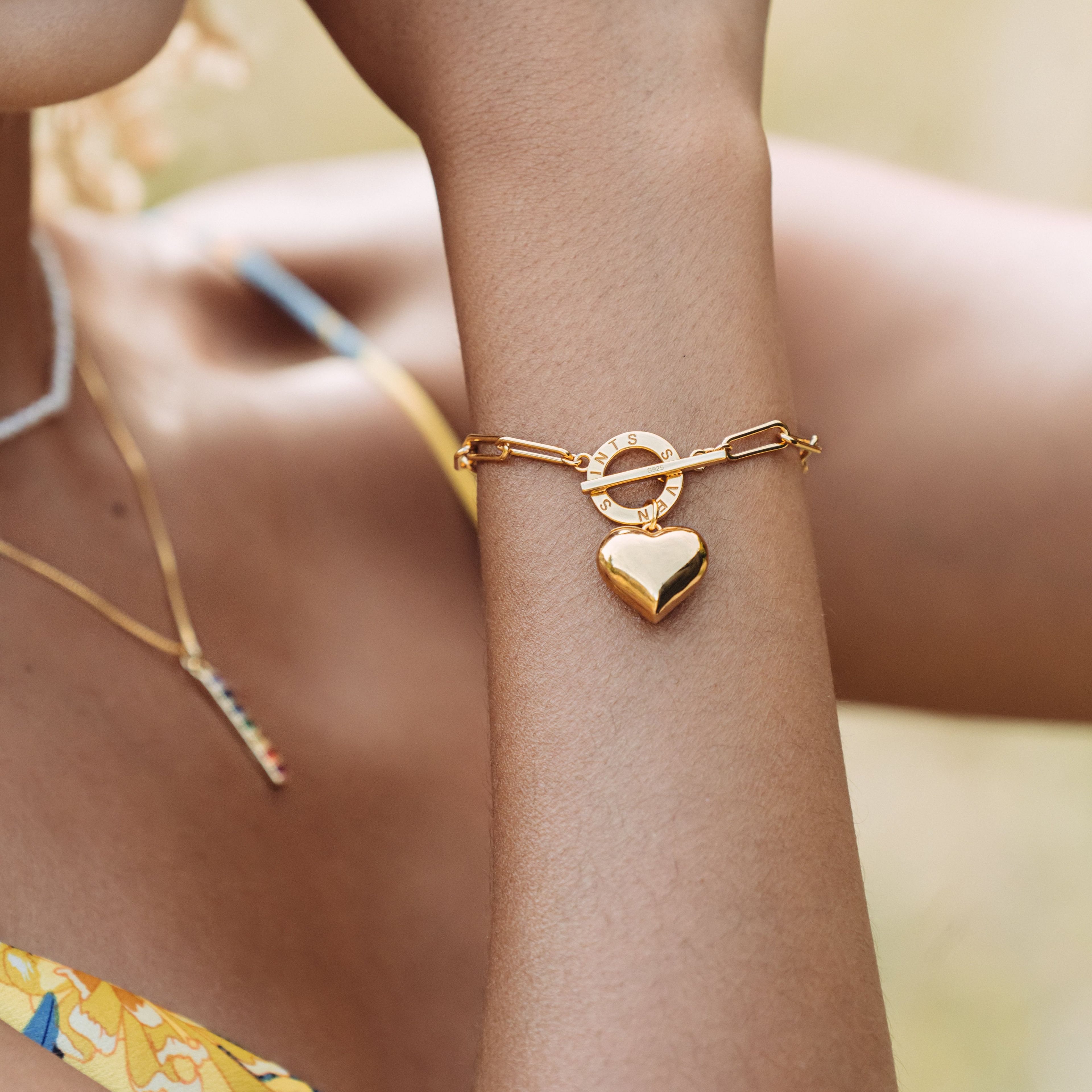 "I AM LOVED" Heart Charm Chain Bracelet, 18k Gold Plated Sterling Silver