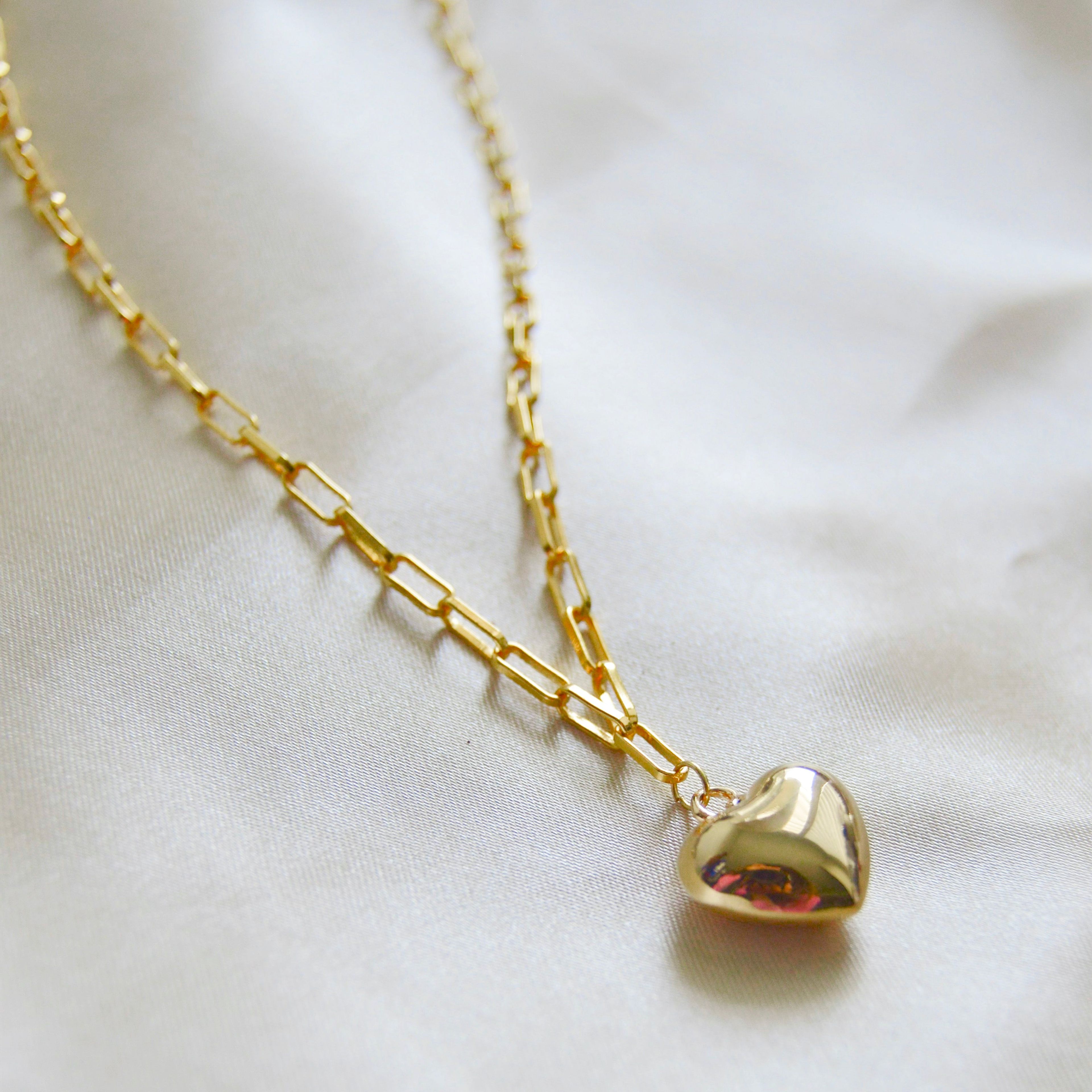 Puffy Heart Paperclip Chain Necklace, 18k Gold Over Sterling Silver
