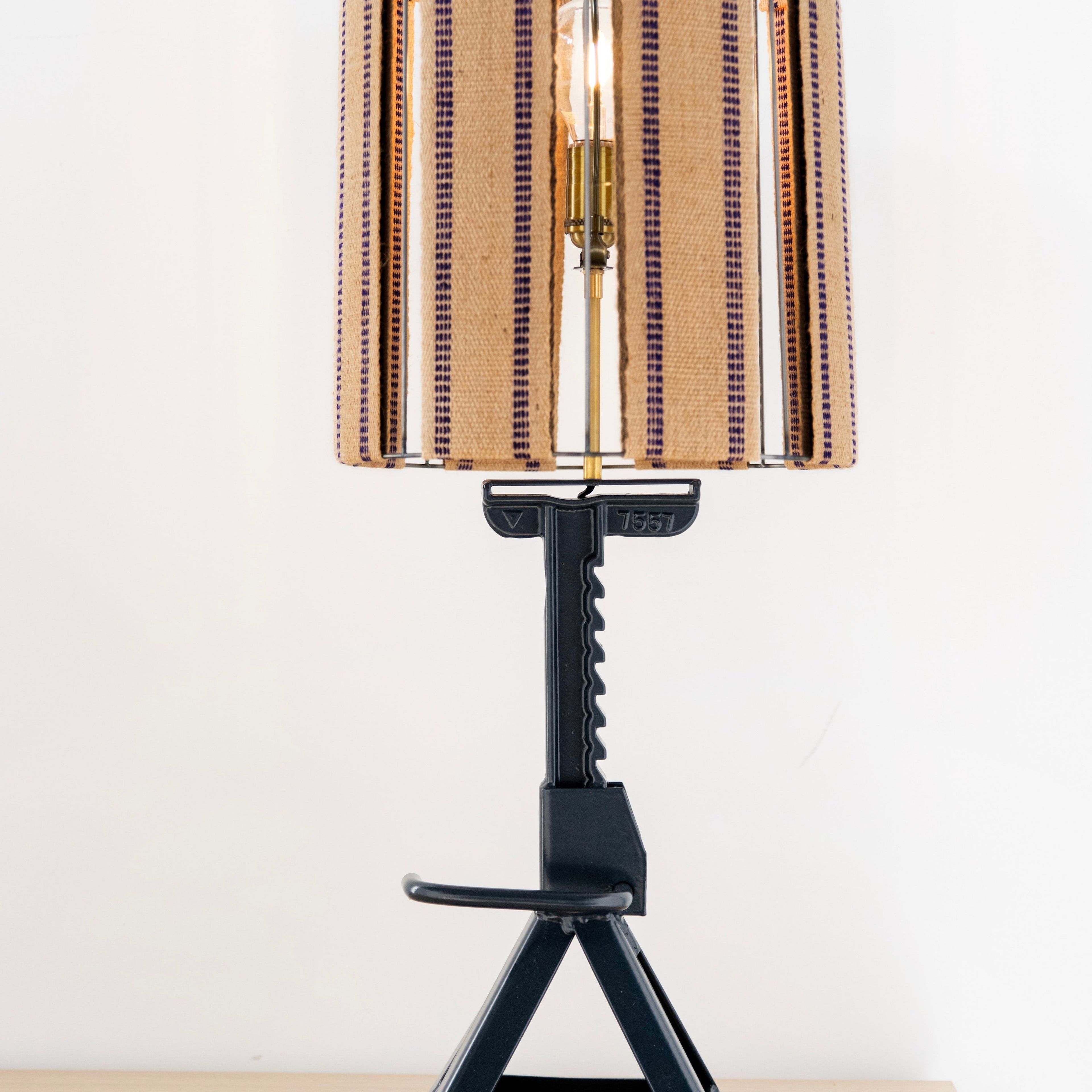 Tate - Jack Stand Table Lamp (Rustic w/ Blue Stripe Ticking Fabric)