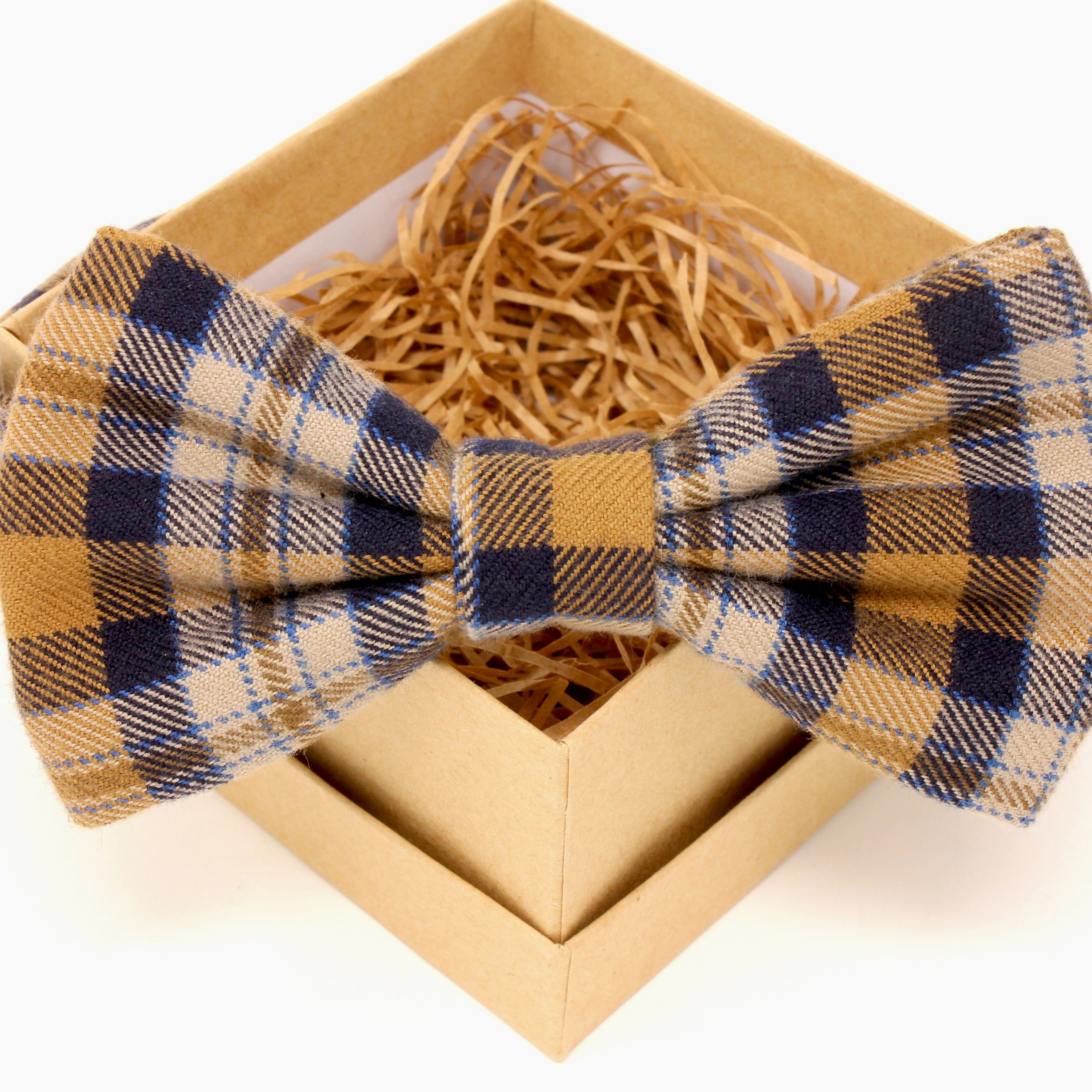 Gold & Navy Plaid Flannel Bow Tie