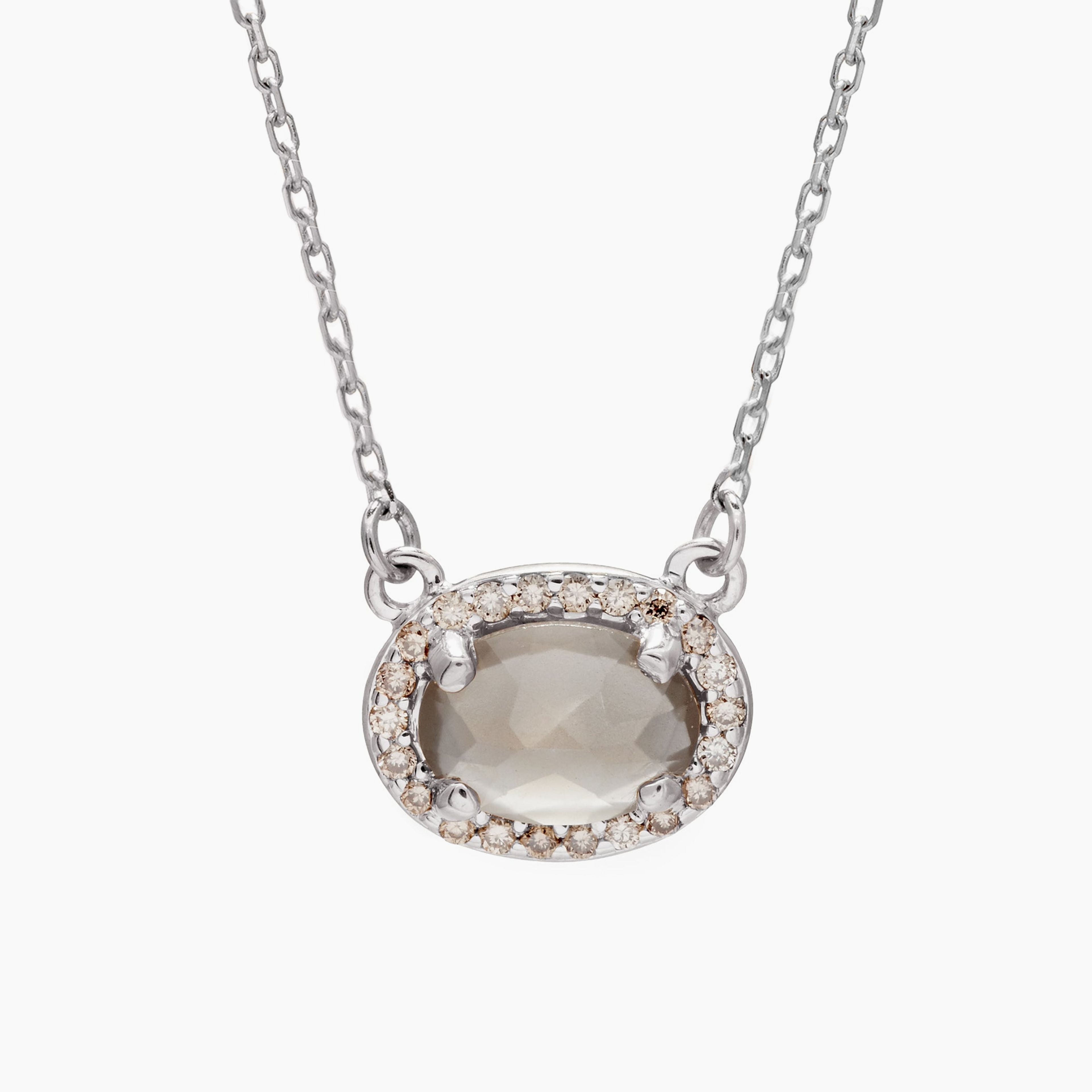 Pavé Amulet Necklace -  14k Gold, Grey Moonstone & Champagne Diamond