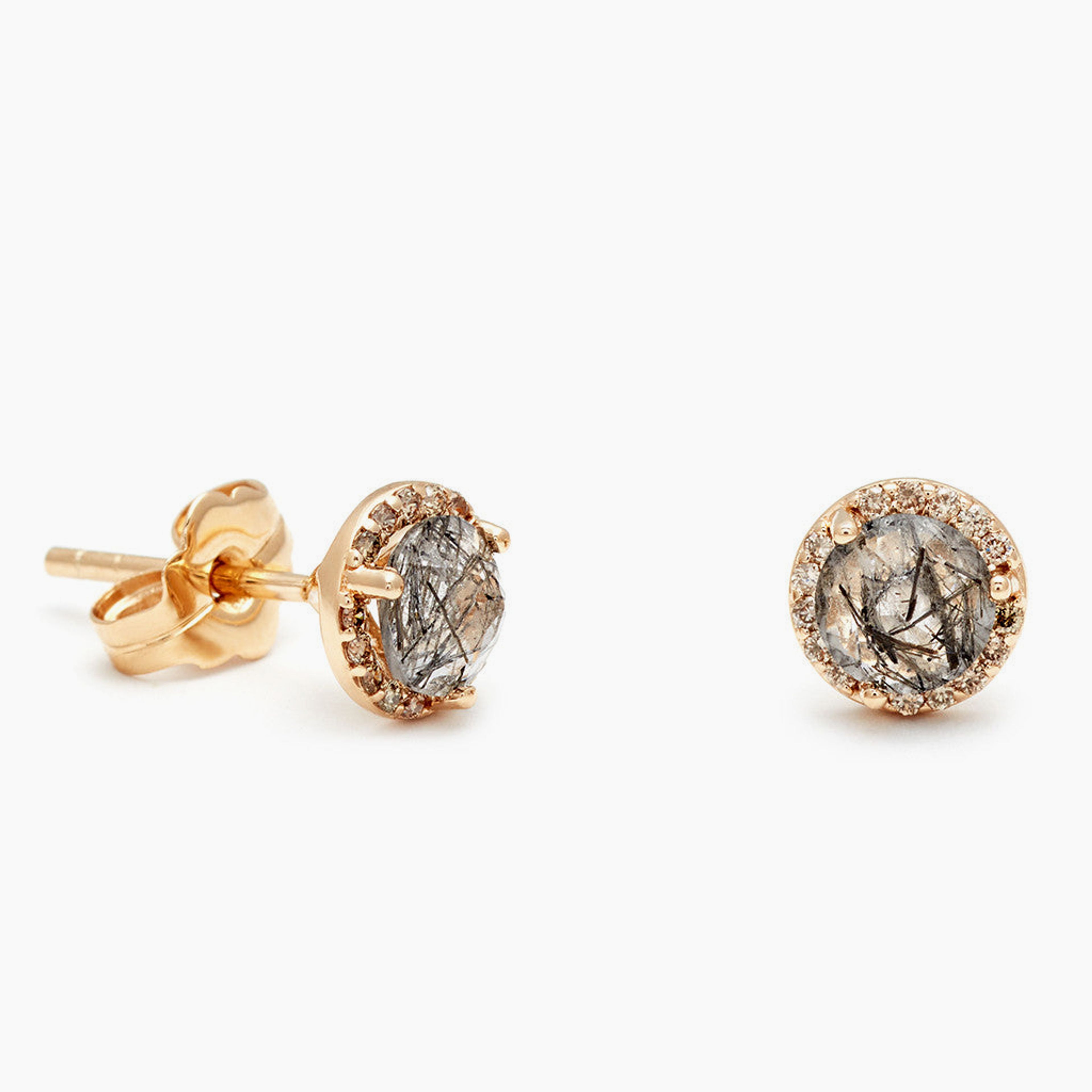 Rosette Stud Earring (Medium) - 14k Gold, Black Rutilated Quartz & Champagne Diamond