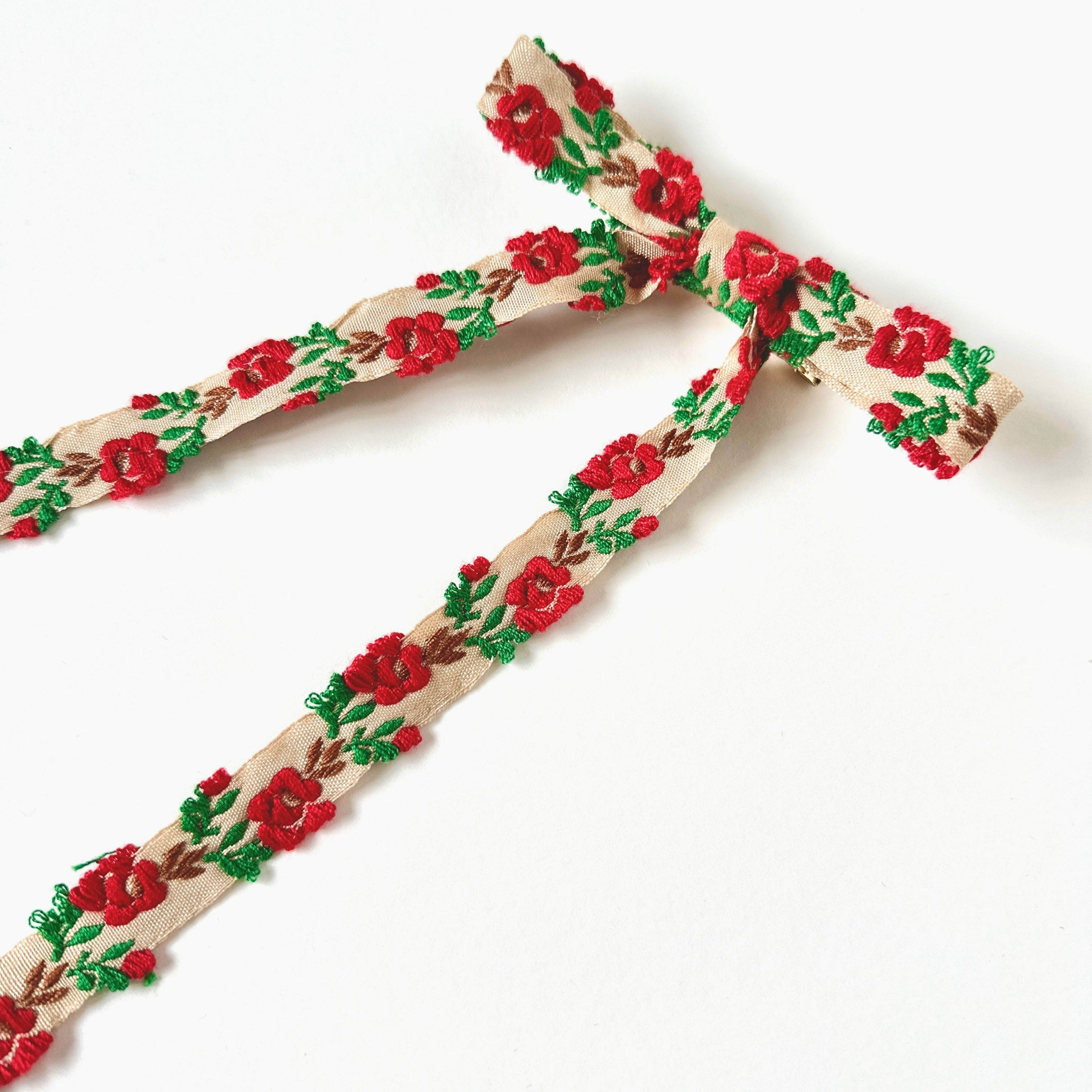 Roses are Red Embroidered Skinny Long Bow| Embroidered Bow Alligator Clip | Luxury Hair Bow