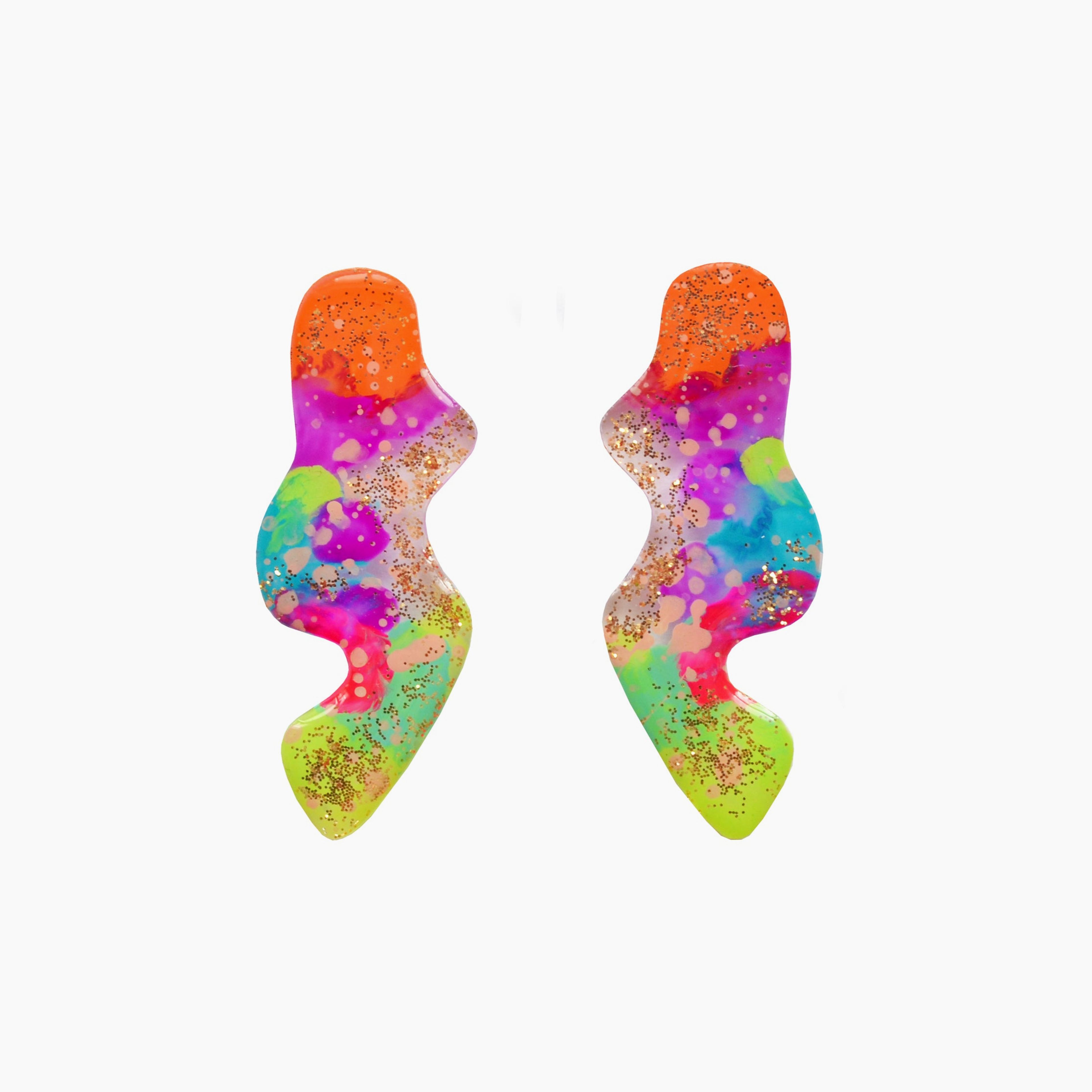 Orange and Green Neon Abstract Wavy Squiggle Resin Stud Earrings