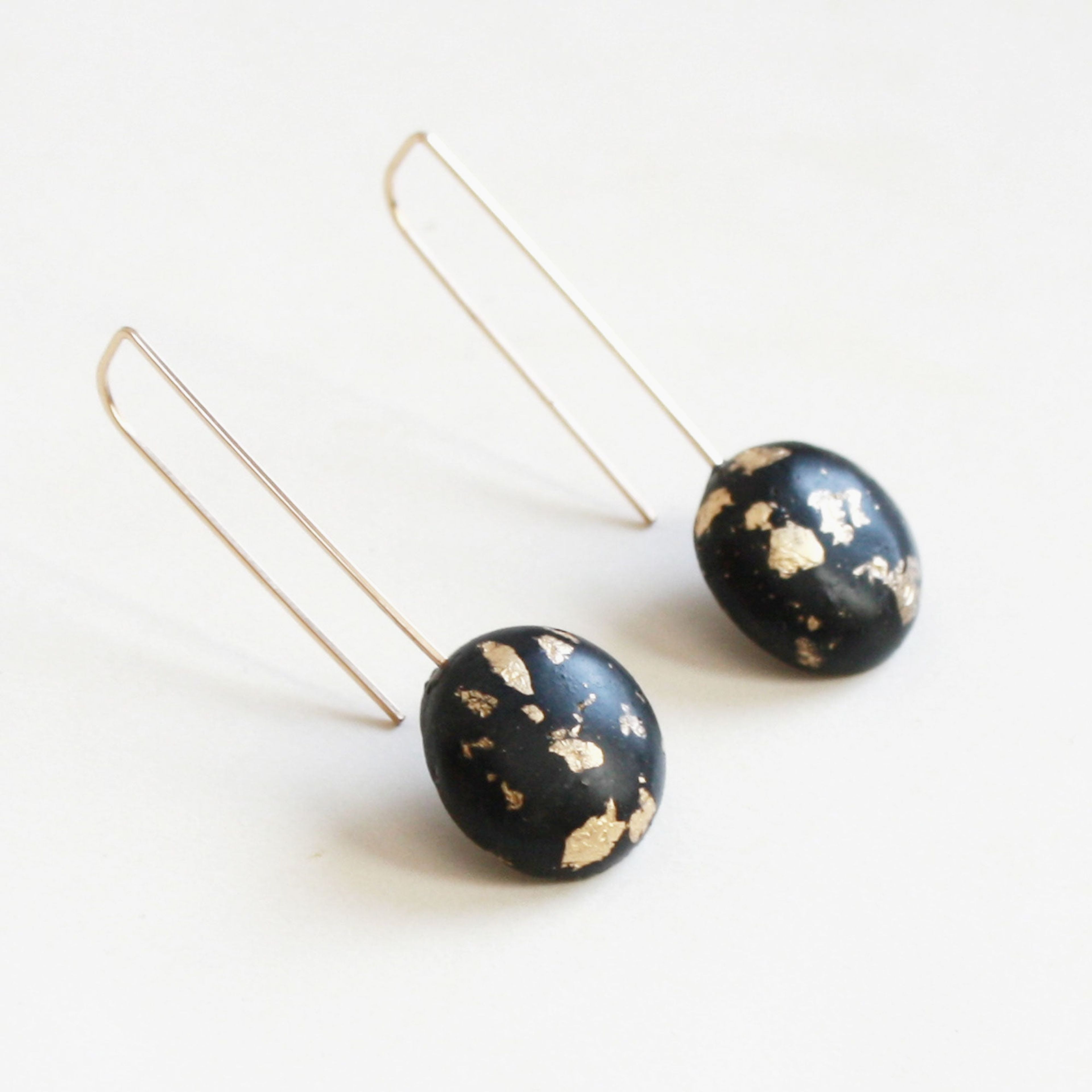 Large Black Dome Earrings with Gold Flakes