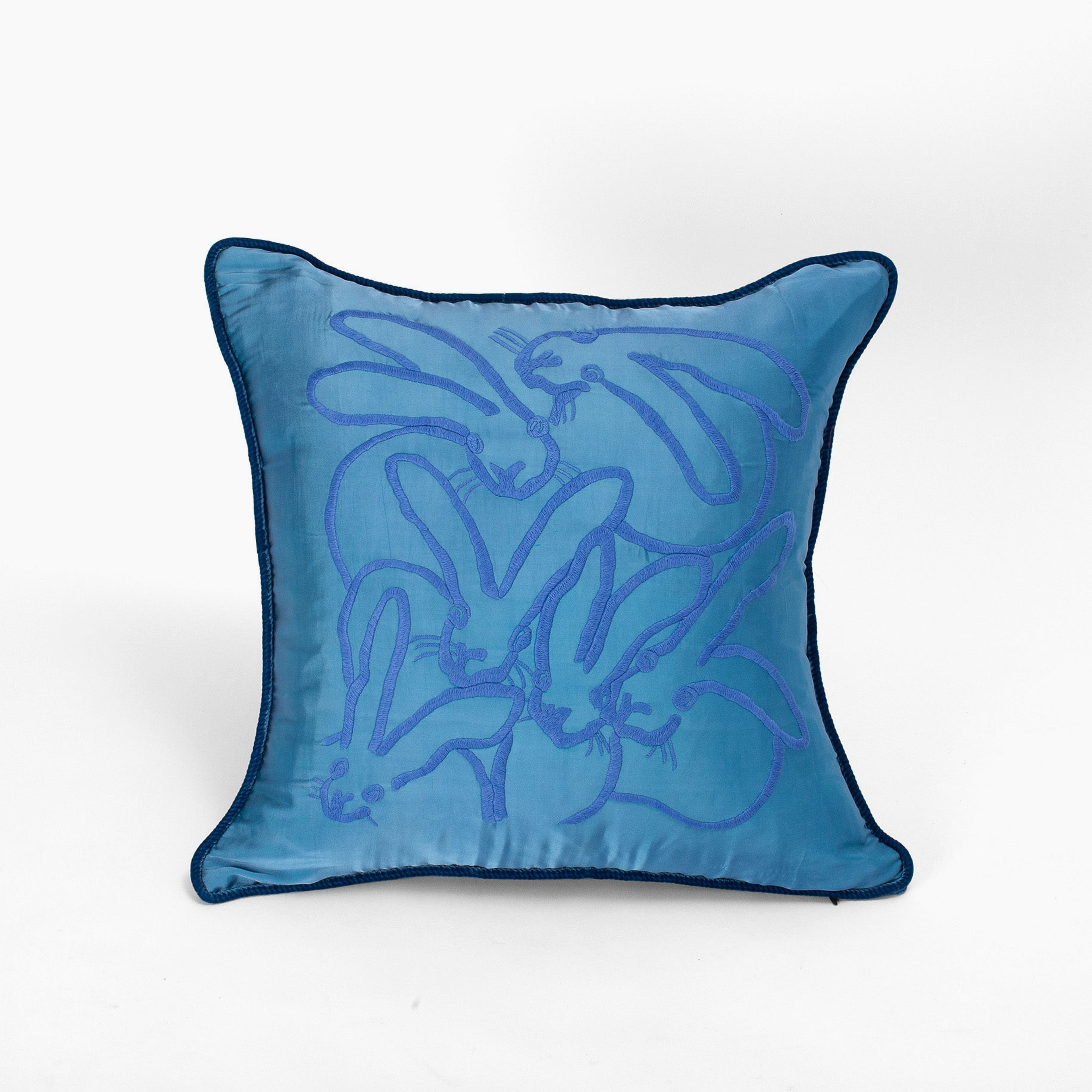 Hand Embroidered Silk & Velvet Bunny Pillow, French Blue, 22 x 22