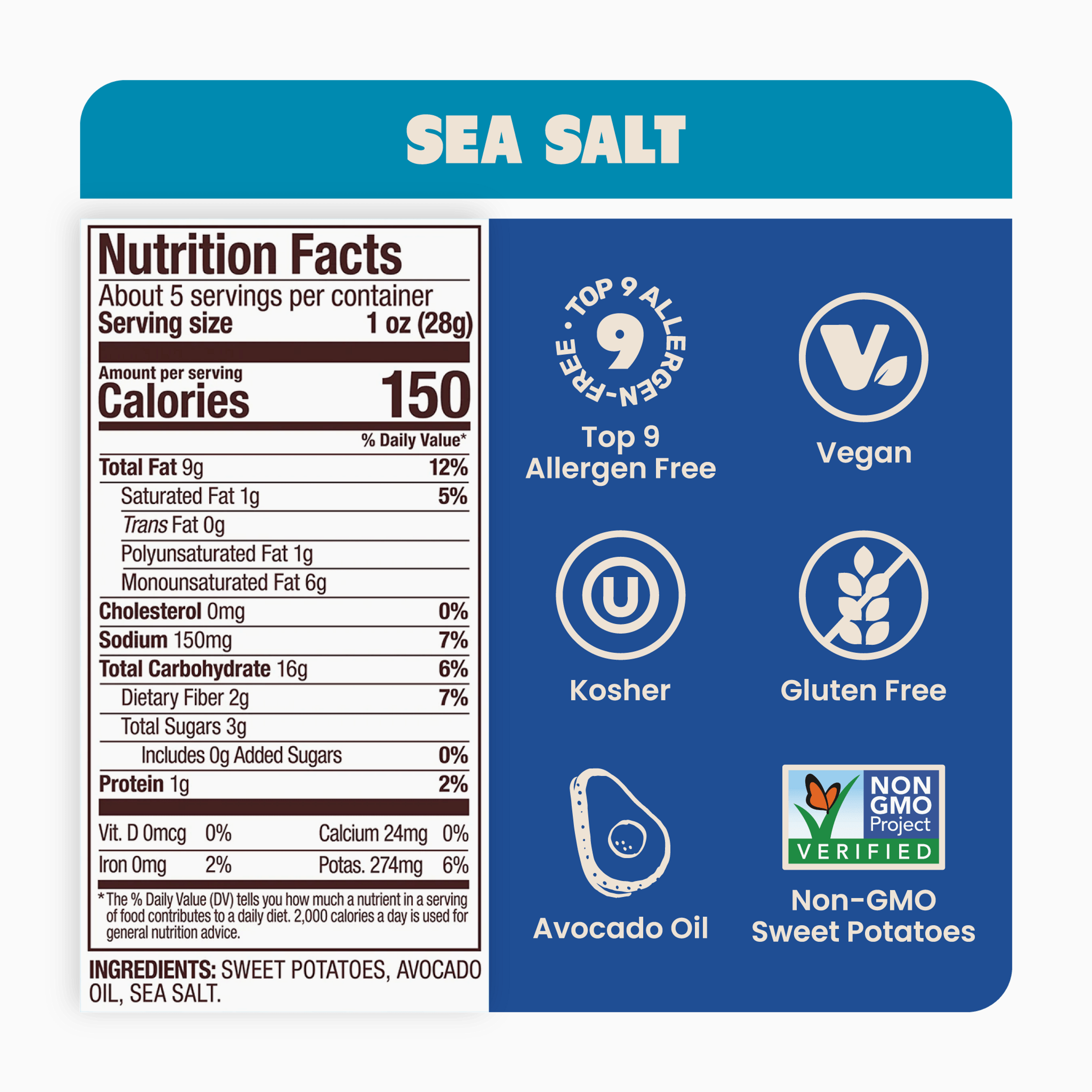 Sea Salt Sweet Potato Chips in Avocado Oil 5oz (Pack of 8)