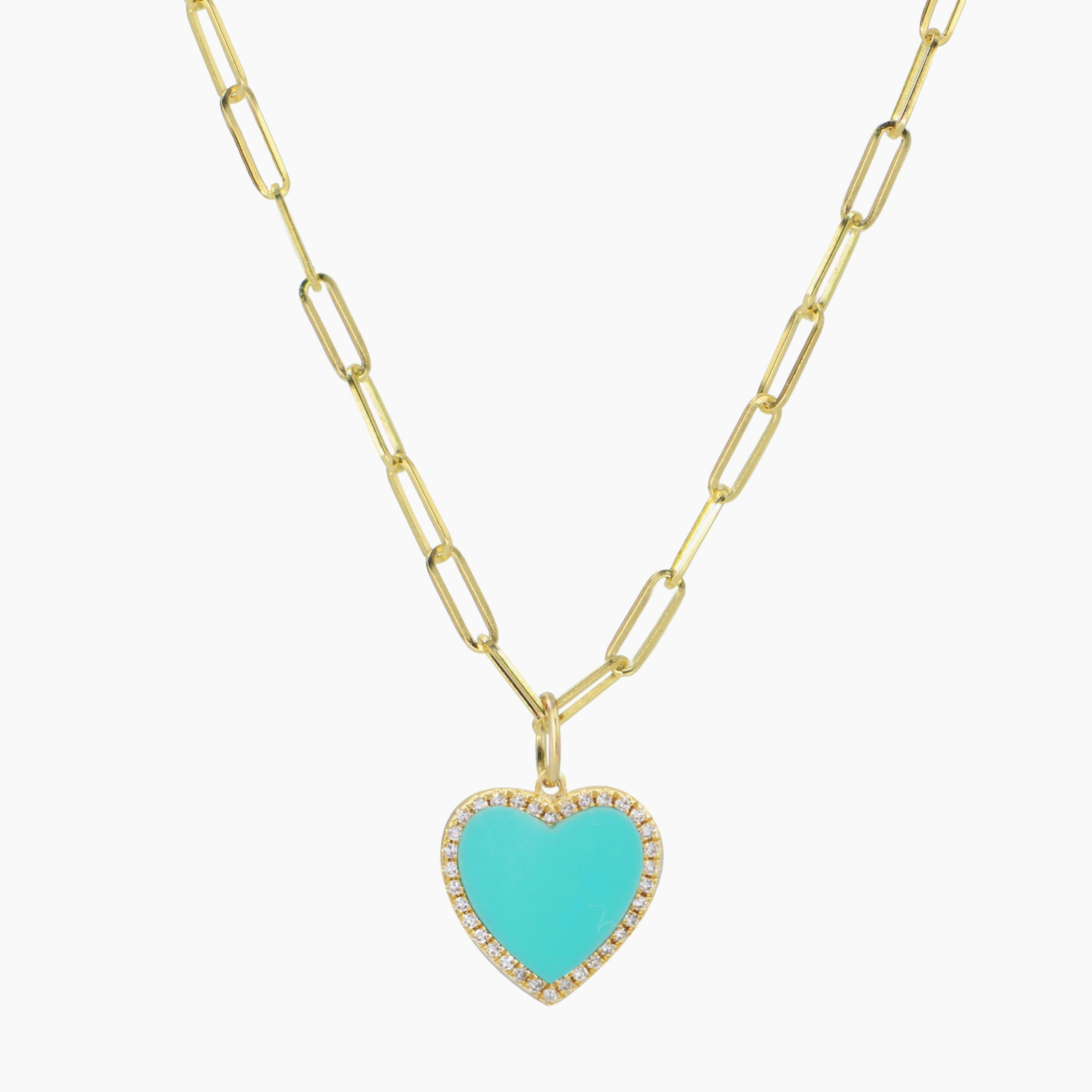 Turquoise Heart Necklace With Diamonds on Paperclip Link Chain