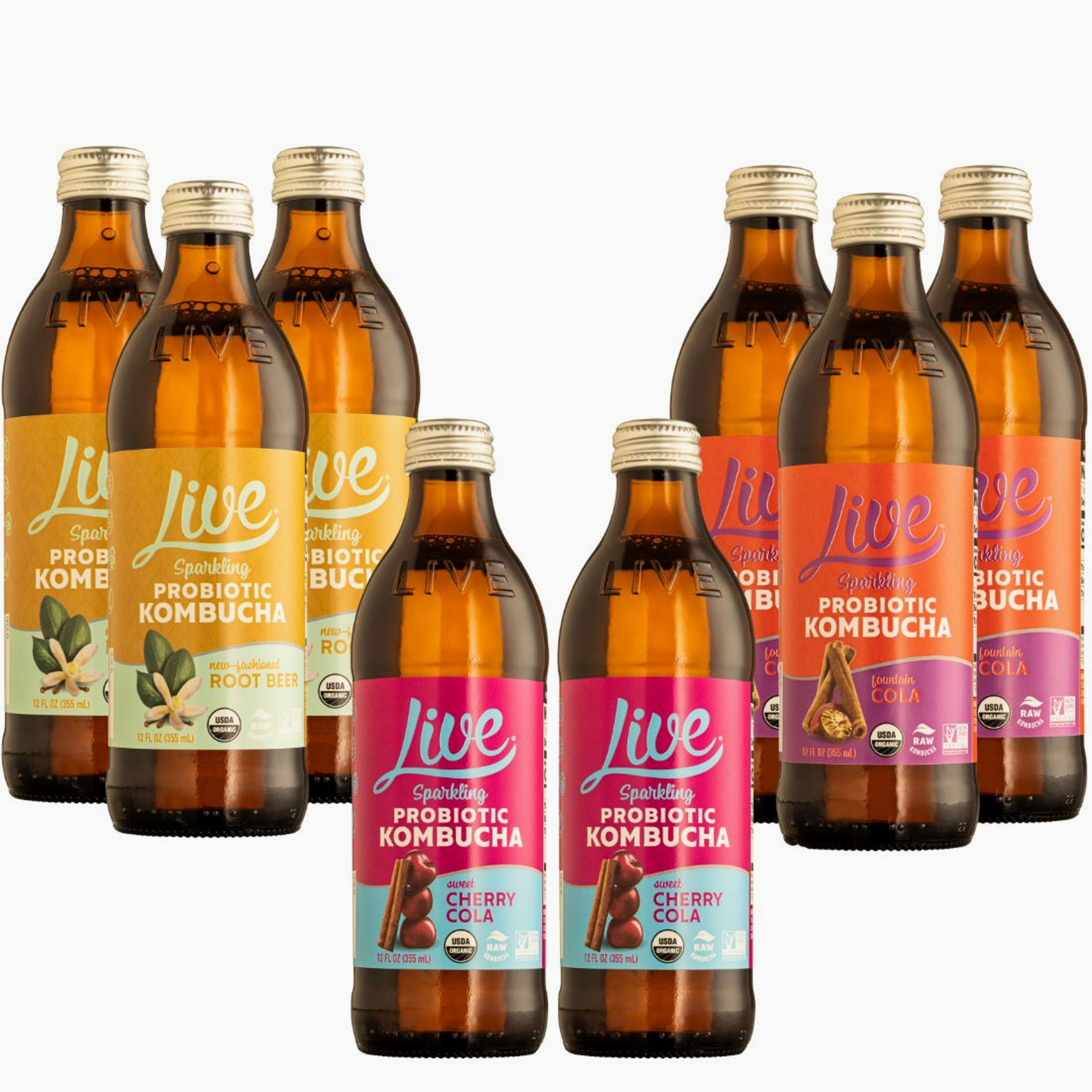 Live Raw & Organic Kombucha | Variety Pack | | 3 Root Beer, 3 Cola, 2 Cherry Cola |8-pack of 12 oz Bottles
